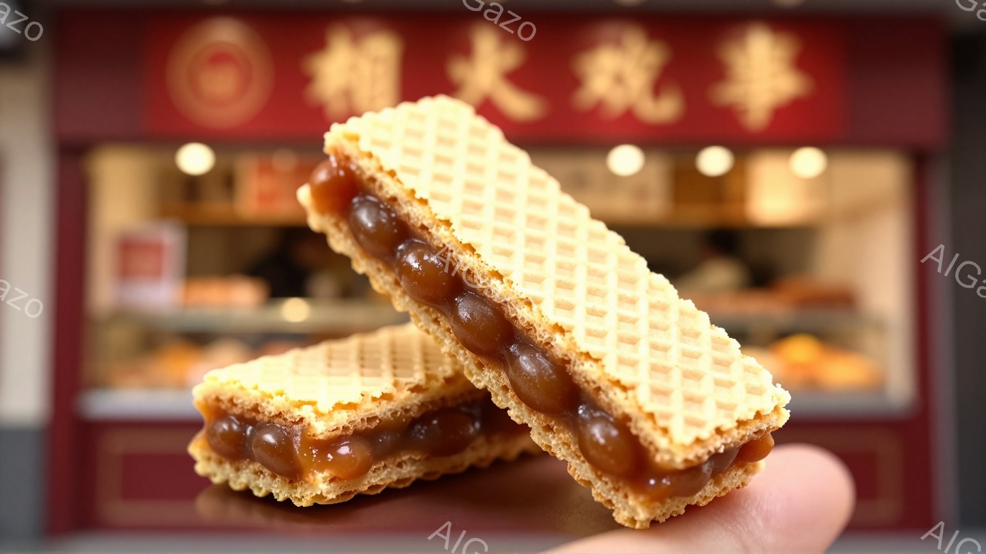 画像には、2つの豆大福が半分に切られて、片手で掲げられています。背景には、赤色の看板と、様々な和菓子が並んだショーケースが見え、和菓子屋の中の様子を伺わせます。全体的に、温かく、伝統的な日本の雰囲気が漂います。