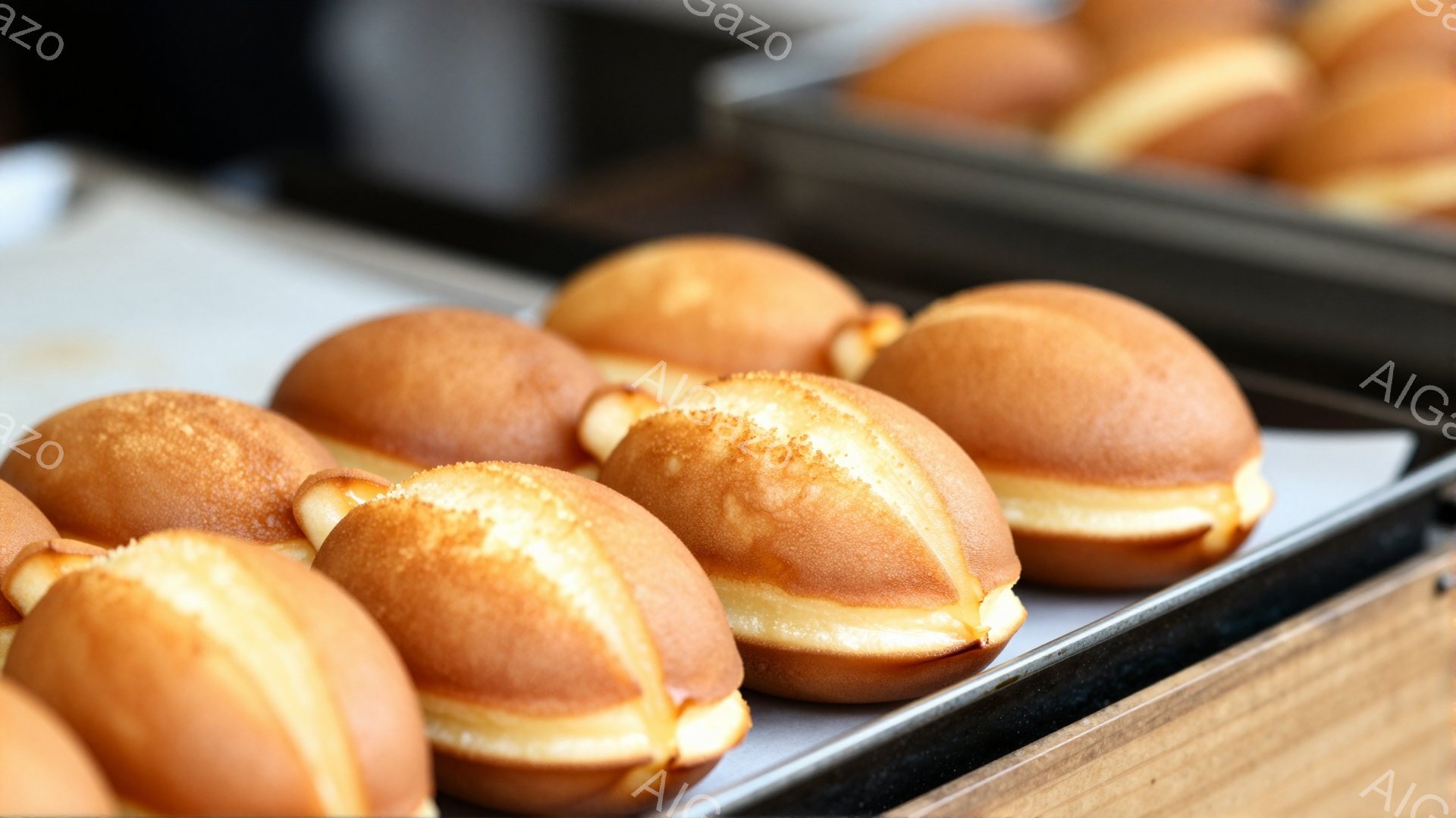 鉄板の上に並んだ、焼き色のついたたい焼きが写っています。それぞれのたい焼きは、ふっくらとした形をしており、外側は黄金色に輝いています。中には、白く甘いクリームのようなものが詰まっているようで、美味しそ - AI生成フリー素材