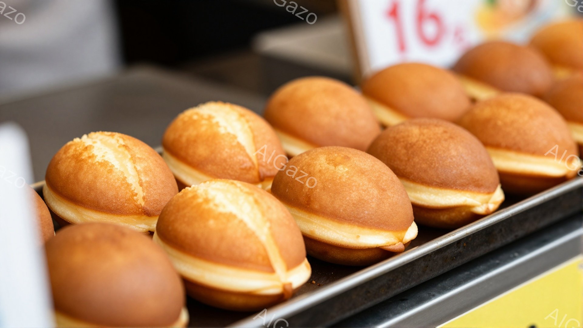 画像には、鉄板に並べられた、ふっくらとしたたい焼きが映っています。黄金色に焼きあがった生地は美しく、中のあんこが少し覗いています。背景には価格表示があり、屋台やイベント会場の一角のような雰囲気です。