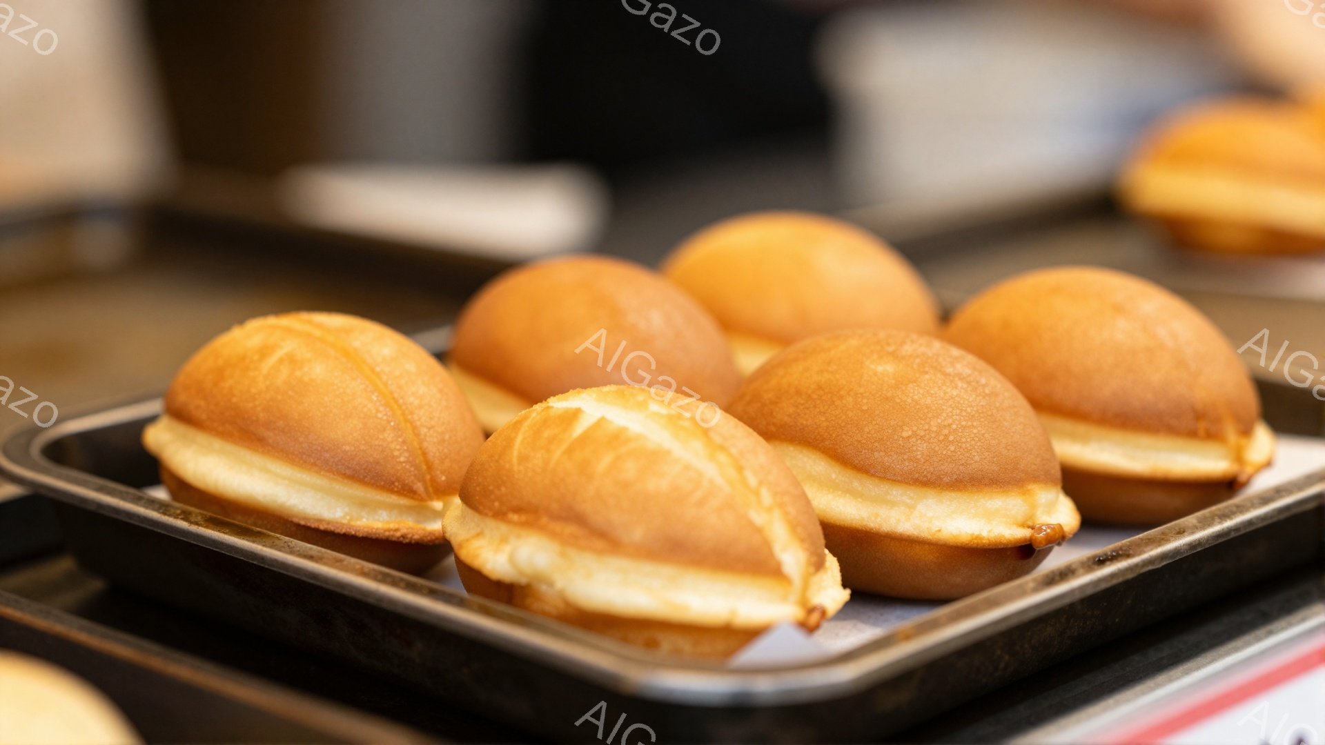 鉄板の上に、焼き色が薄い茶色の丸いお菓子がいくつか並べられています。お菓子の間には、白いクリームのようなものが挟まっており、少し溶け出し気味です。背景はぼやけていますが、他の焼き菓子や調理器具の一部がわずかに見えます。
