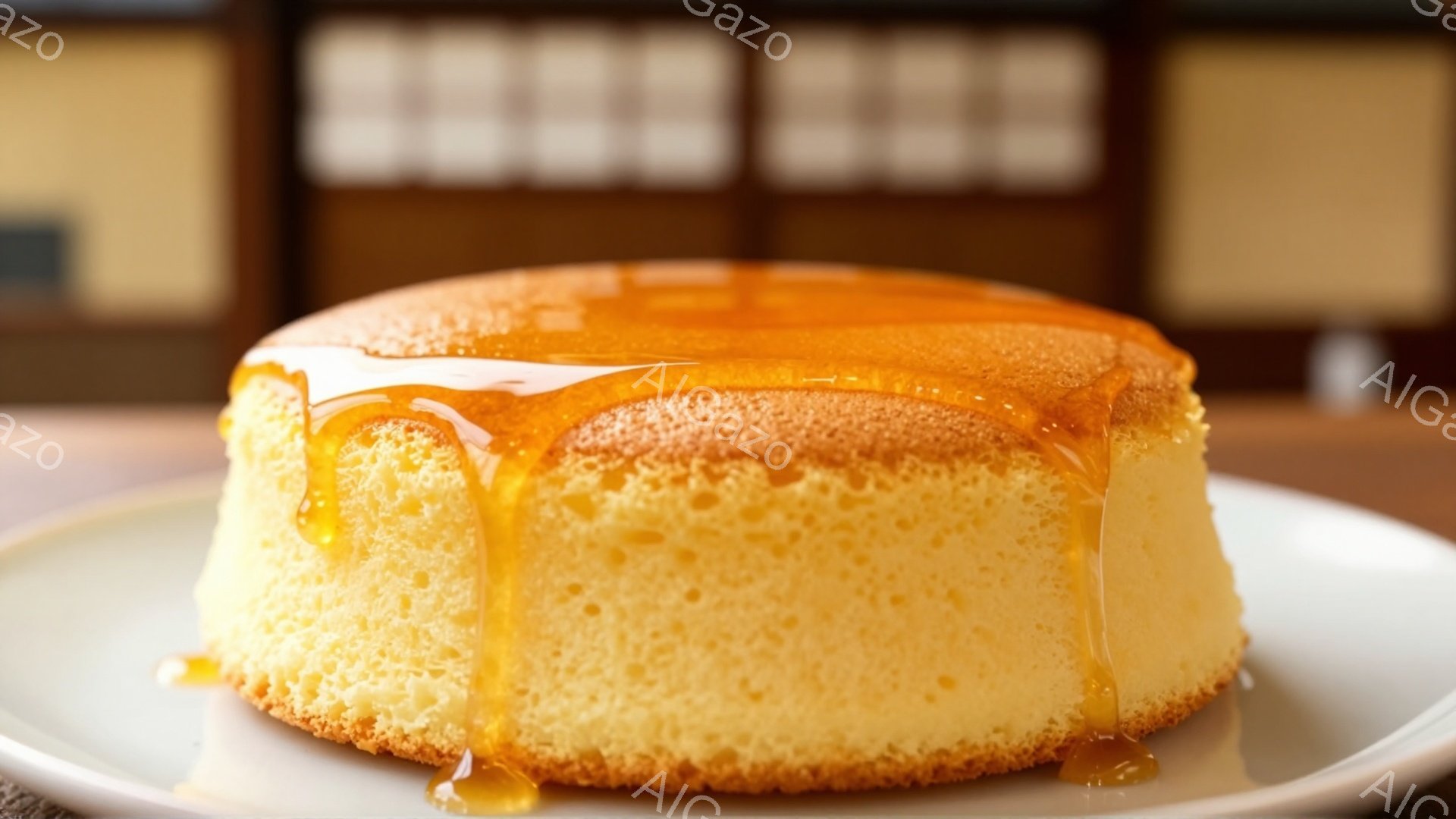 ふわふわとしたチーズケーキが白い皿に乗っています。ケーキの上にはキャラメルソースが流れ落ちており、焼き色が食欲をそそります。背景にはぼんやりと木製の棚が見え、温かみのある雰囲気が漂っています。