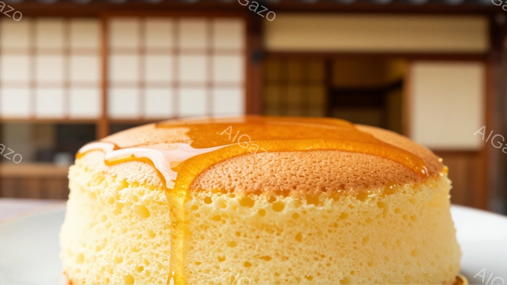 ふわふわとしたチーズケーキが中央に配置されており、表面にはキャラメルソースが流れ落ちている。背景には木製の格子模様の壁があり、和の落ち着いた雰囲気を醸し出している。ケーキの質感が強調されており、食欲をそそる温かい光が差し込んでいる。