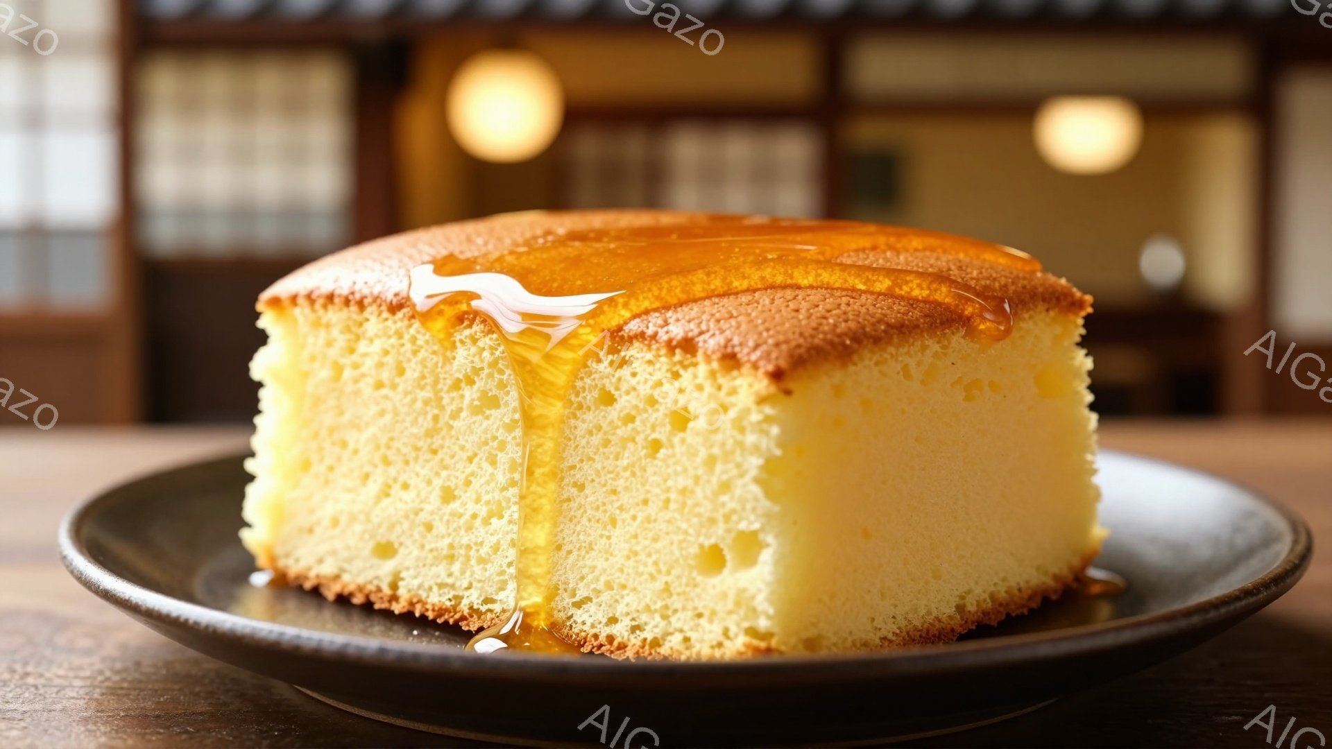 焼き色が薄い、ふっくらとしたカステラが、黒いお皿の上に置かれている。表面にはキャラメルソースのようなものが流れかけており、しっとりとした質感が伝わる。背景にはぼやけた木製の建物の構造が映り込み、落ち着いた暖かさの雰囲気を醸し出している。