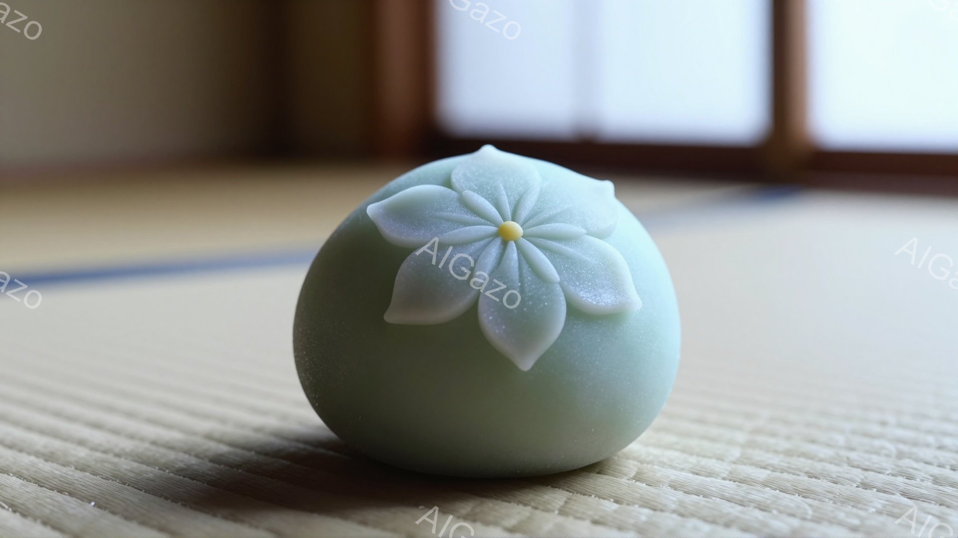 淡い緑色の和菓子が畳の上に置かれています。表面には白い練り切り細工の花が咲き、上品な美しさを醸し出しています。背景には木製の障子が見え、静かで落ち着いた日本家屋の雰囲気が感じられます。