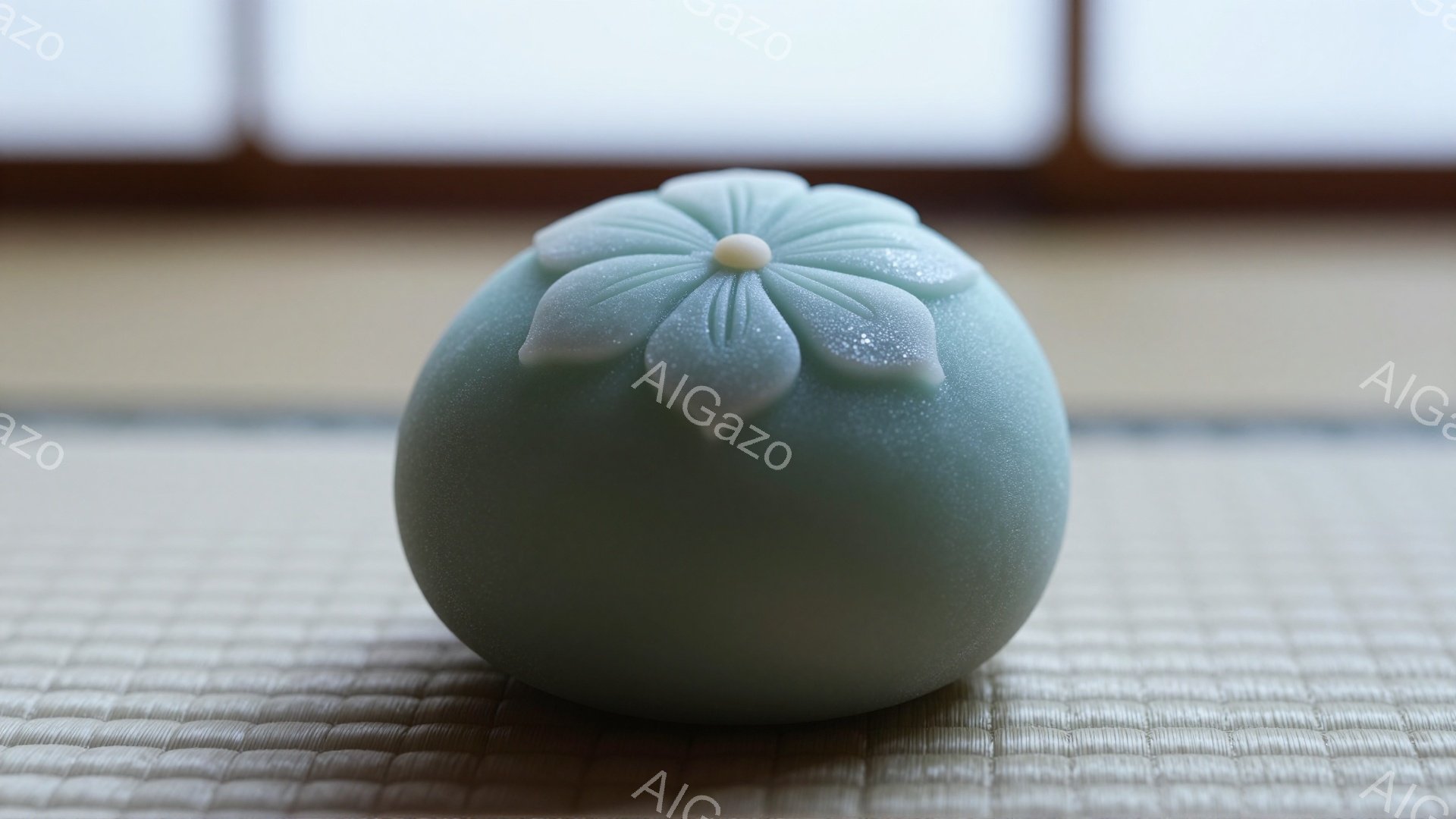 浅緑色の水まんじゅうが畳の上に置かれている。表面には梅の花びらが模された模様が施されており、繊細で上品な印象を与える。背景にはぼやけた障子が見え、和やかな雰囲気が漂っている。
