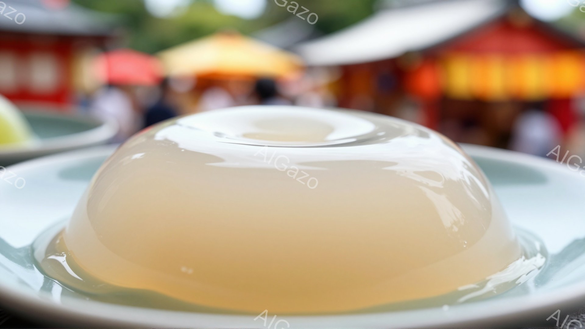 淡いクリーム色のゼリーが、薄緑色の皿に盛り付けられており、焦点がゼリーの滑らかな質感を際立たせている。背景には、赤色の建物と人々のぼやけた姿が見え、おそらく屋台が並ぶお祭りのような賑やかな場所であるこ - AI生成フリー素材