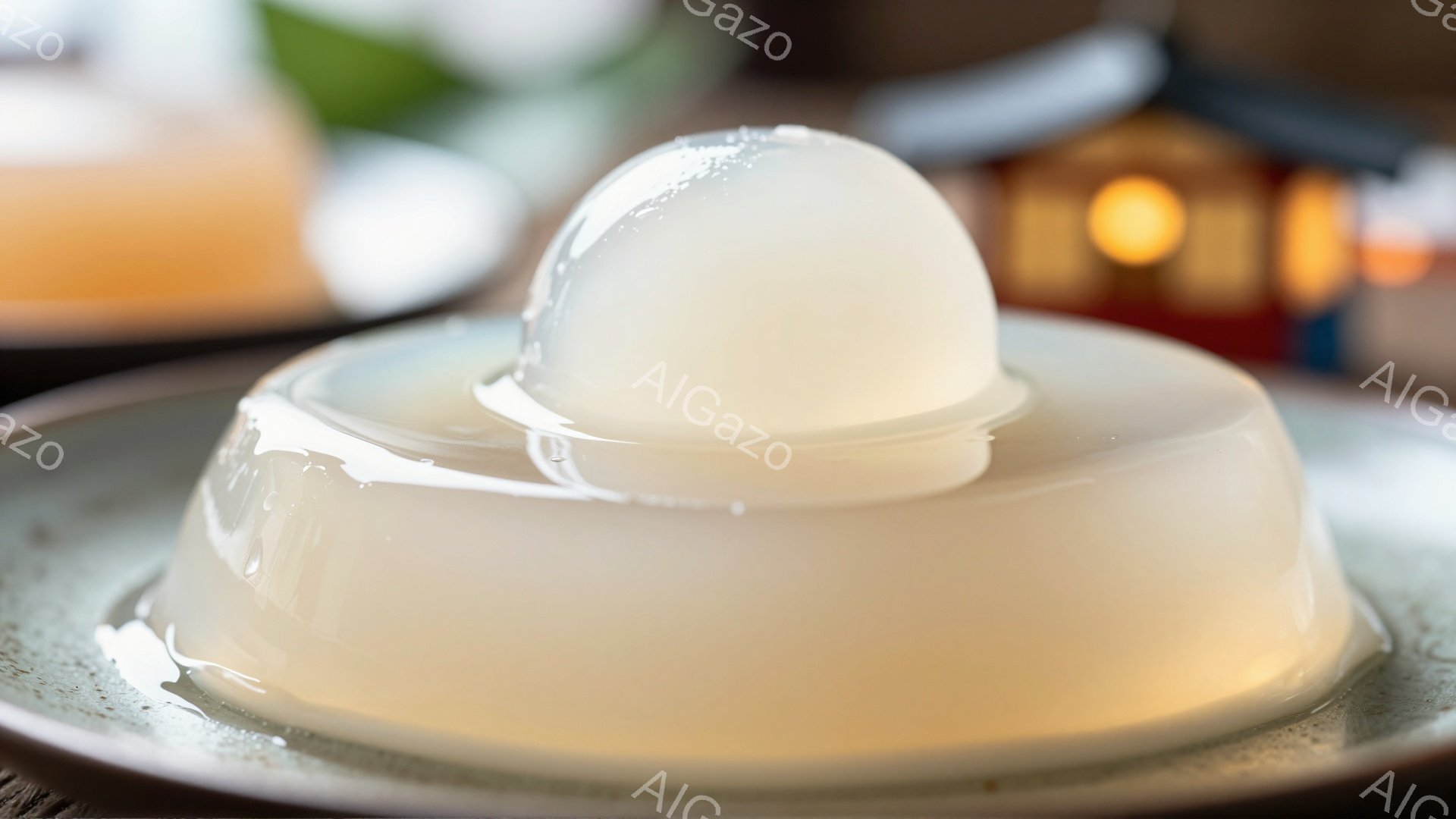 澄んだ白色のゼリーが、灰色の縁取りのある白い皿に美しく盛り付けられています。ゼリーは半透明で、上部にわずかに膨らみがあり、全体的に涼しげで上品な印象を与えます。背景にはぼやけた暖色系の光が見え、落ち着いた食卓の雰囲気を醸し出しています。