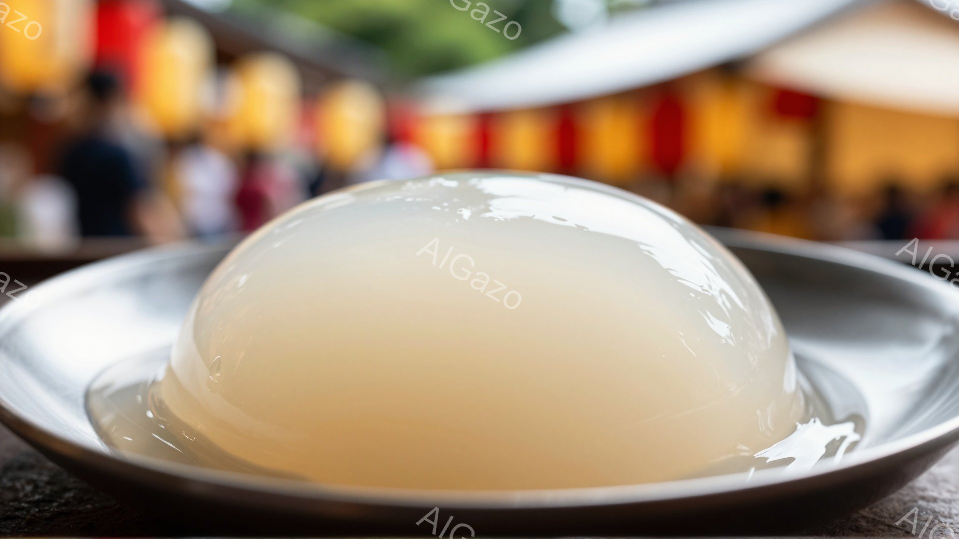 浅い金属製の皿に、透明感のある白っぽいゼリー状の食べ物が載っています。背景には、ぼやけた色の建物や人物が見え、おそらくお祭りか屋台の賑やかな風景の一部でしょう。全体的に、夏祭りの軽食やデザートを捉えた - AI生成フリー素材