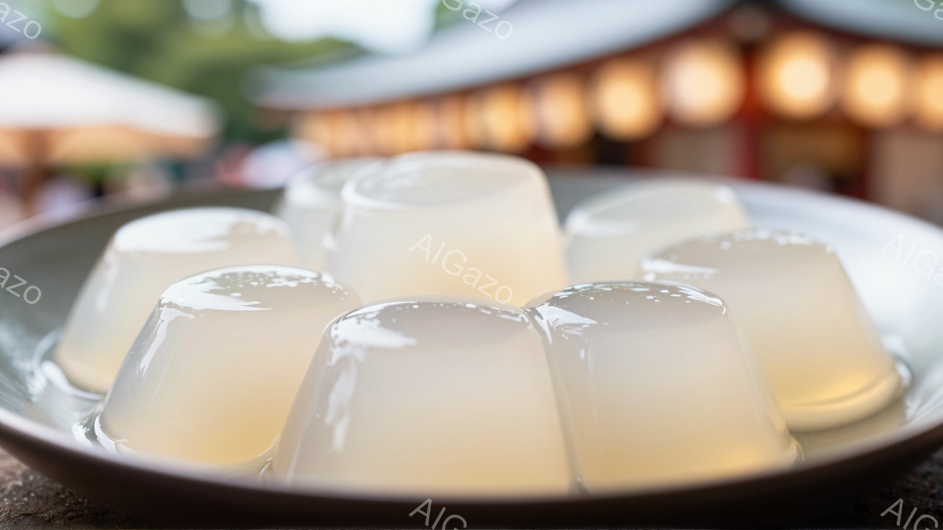 浅い皿に並んだ、透明感のある白玉団子が写っている。背景には朱色の建物が見え、ややぼやけているが、伝統的な雰囲気を感じさせる。全体的に柔らかい光が差し込み、涼しげで上品な印象を与える。