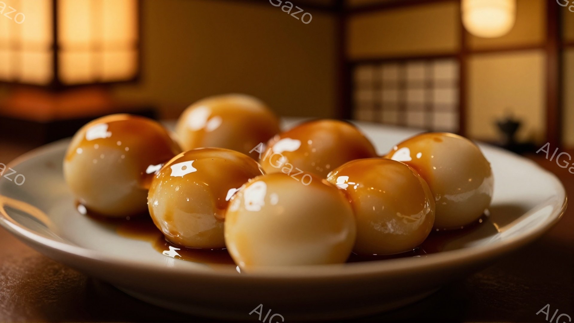 白い皿の上に、照り照りの甘辛いタレがかかった団子が並んでいます。背景には、和室の引き戸や照明がぼんやりと見え、落ち着いた温かい雰囲気が漂っています。団子の光沢と背景の柔らかい光が組み合わさり、食欲をそそる美しい一枚です。