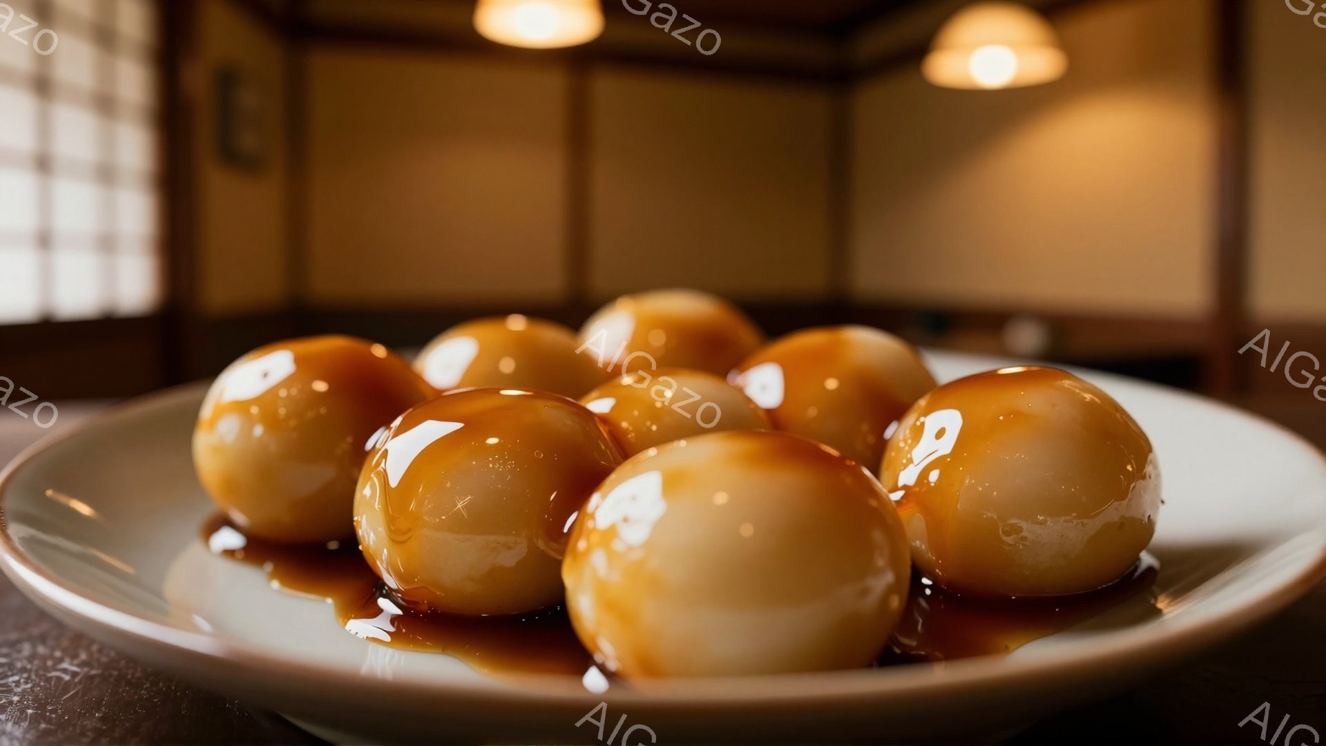 照り輝く美しい団子が、白いお皿の上に並べられています。蜜が照り、甘くて美味しそうな雰囲気が伝わってきます。背景には、和室の壁や障子が見え、落ち着いた静かな空間を演出しています。