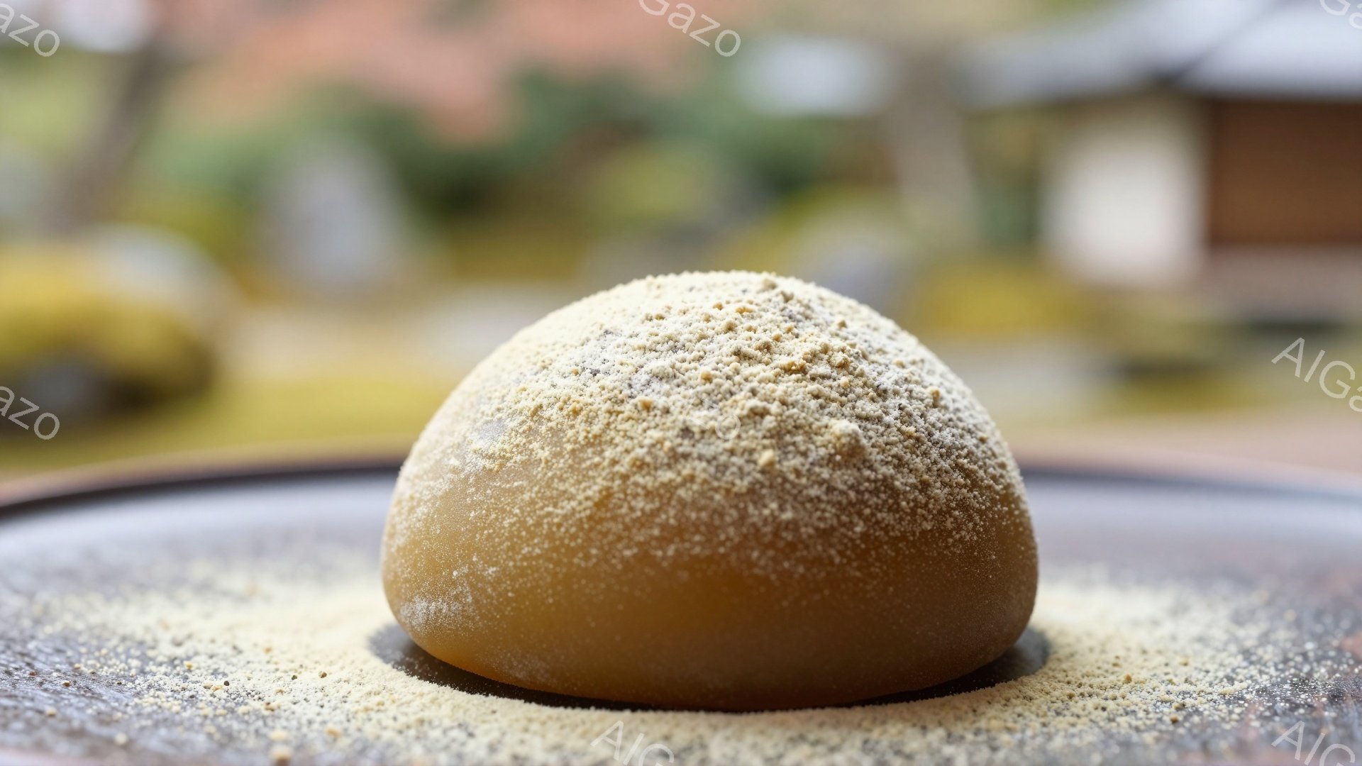 浅い灰色の皿の上に、黄褐色の水まんじゅうが置かれている。まんじゅうの表面は細かい黄色の粉で覆われ、その周囲にも散らばっている。背景には緑豊かな植物とぼやけた建物があり、春か夏の日差しを感じさせる穏やかな雰囲気である。