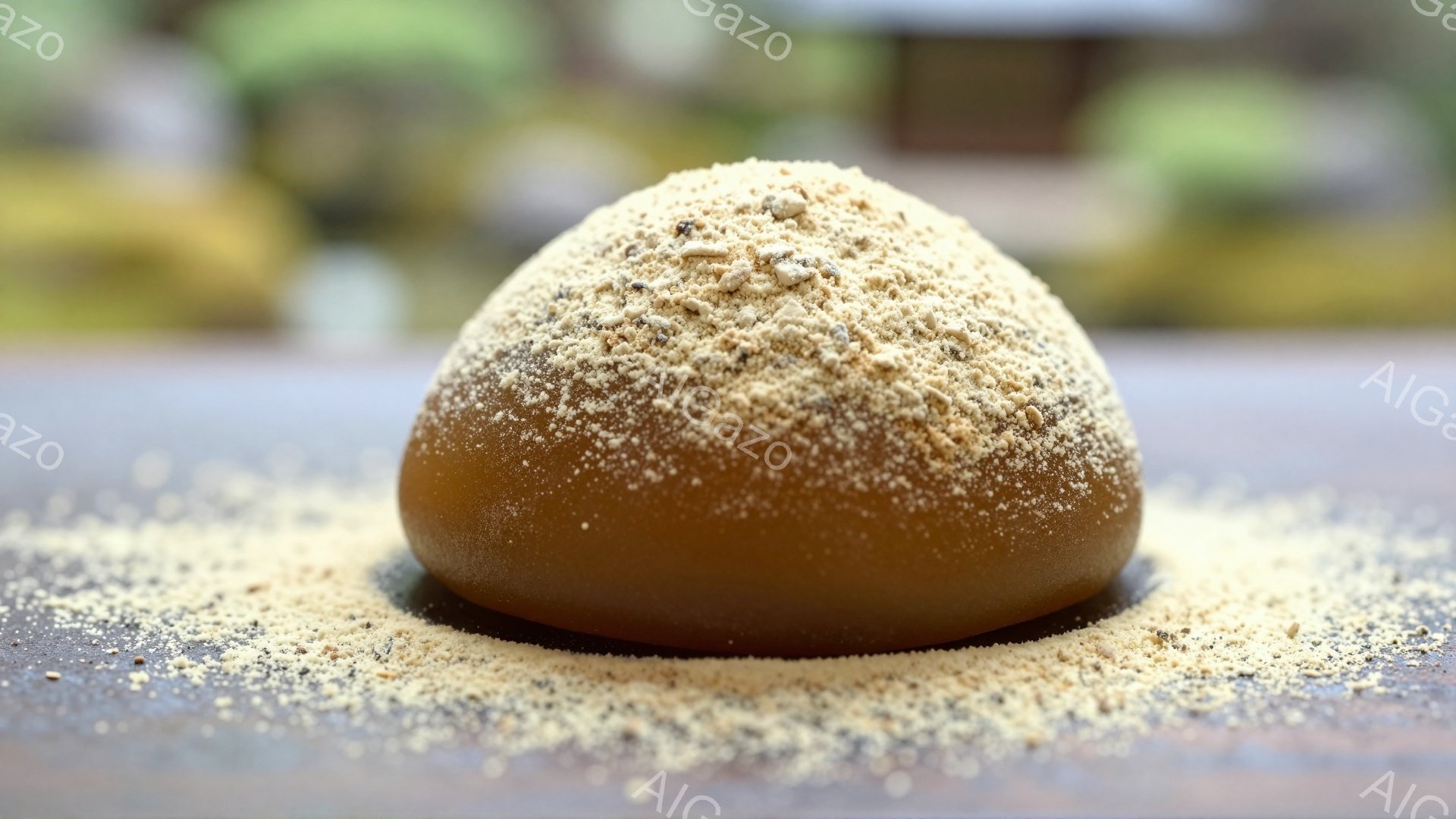 表面に細かい粉をまとった、琥珀色の水饅頭が中央に配置されている。水饅頭の周囲には、粉が散らばり、木製の台の上に置かれている様子が伺える。背景はぼかされており、緑色の植物が見えることから、自然の中で撮影 - AI生成フリー素材