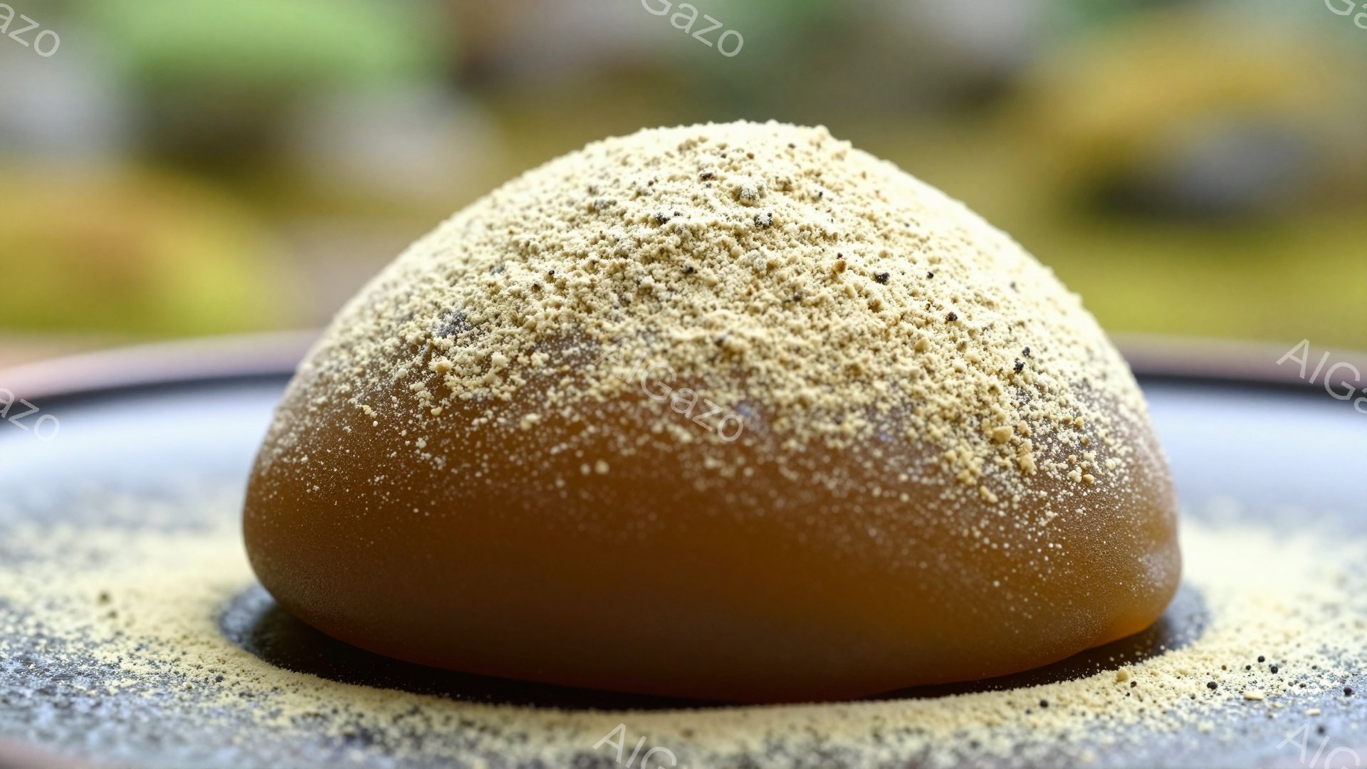 浅黄色の皿の上に、透明感のある琥珀色のゼリー状の食品が置かれています。表面には細かい黄色の粉末がふりかけられ、光沢があり、美味しそうな印象を与えます。背景はぼやけていますが、自然光が差し込み、上品で落ち着いた雰囲気を醸し出しています。