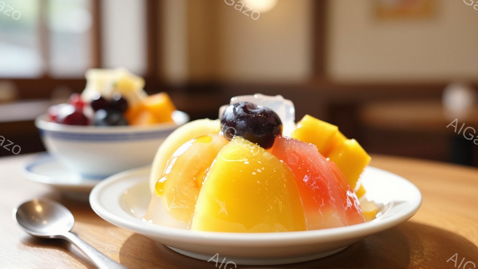 白い皿に、黄色い桃、赤いスイカ、そして紫色のブルーベリーが彩り豊かに盛り付けられたフルーツポンチが描かれています。背景には、同様のフルーツポンチが盛られた別の器が見え、全体的に明るく爽やかな印象を与えます。木製のテーブルの上に置かれたスプーンが、すぐに食事を楽しめることを示唆しています。