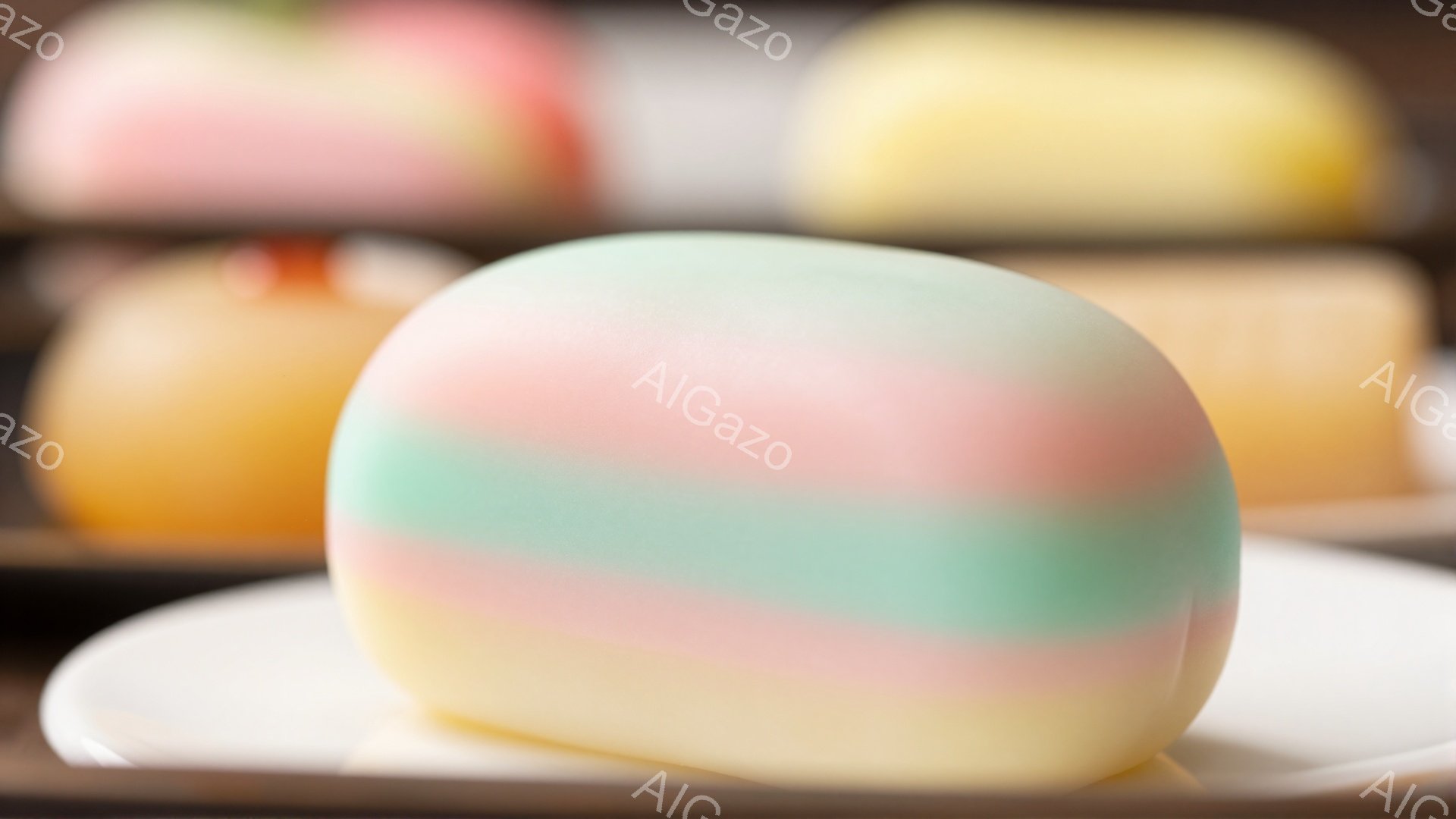 画像は、柔らかいパステルカラーの和菓子がいくつか並んだ様子を捉えています。手前には、ピンク、水色、黄色、白の層がはっきりと見える、丸みを帯びたお菓子が置かれており、背景にはぼやけた色の異なる同様のお菓 - AI生成フリー素材