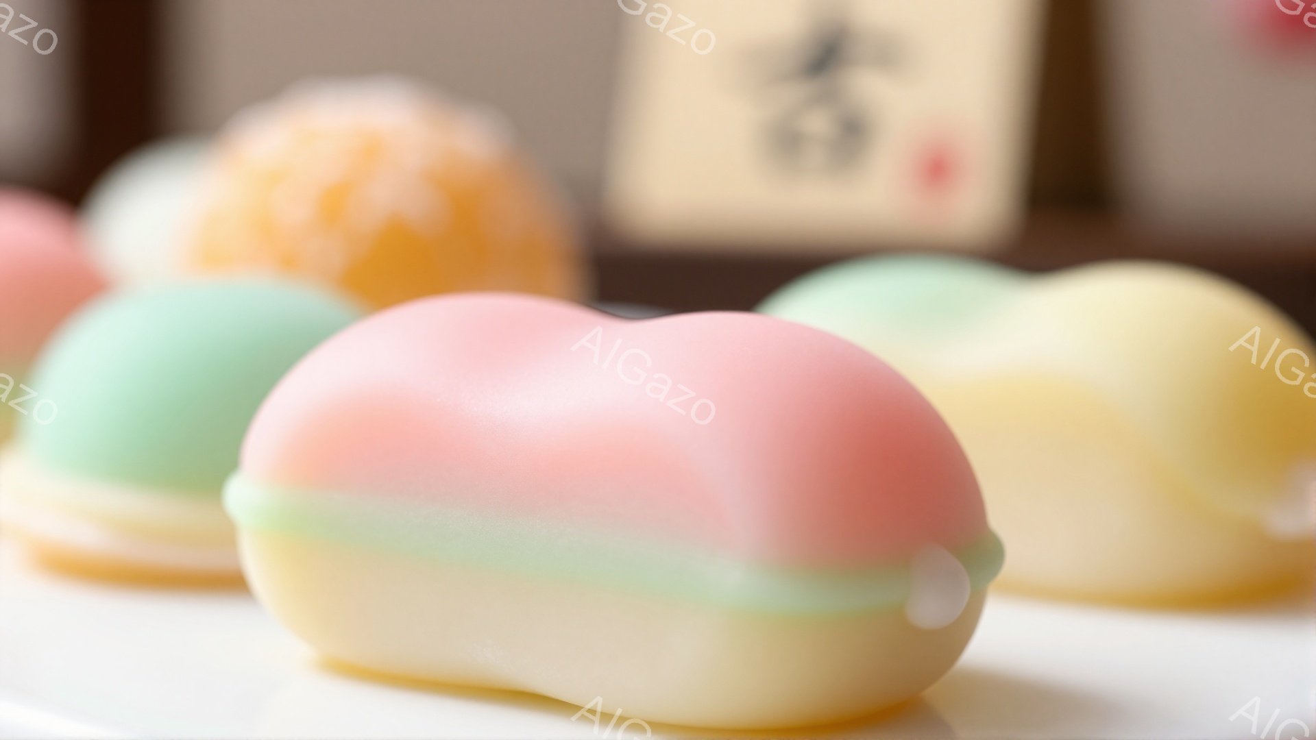 画像には、薄いピンク、緑、黄色の層が重ねられた、柔らかそうな和菓子がいくつか写っている。背景にはぼやけた文字が書かれた和紙がわずかに見え、全体的に淡く優しい雰囲気を醸し出している。これらの和菓子は、伝統的な日本の美しさを感じさせる、繊細で上品な印象を与える。