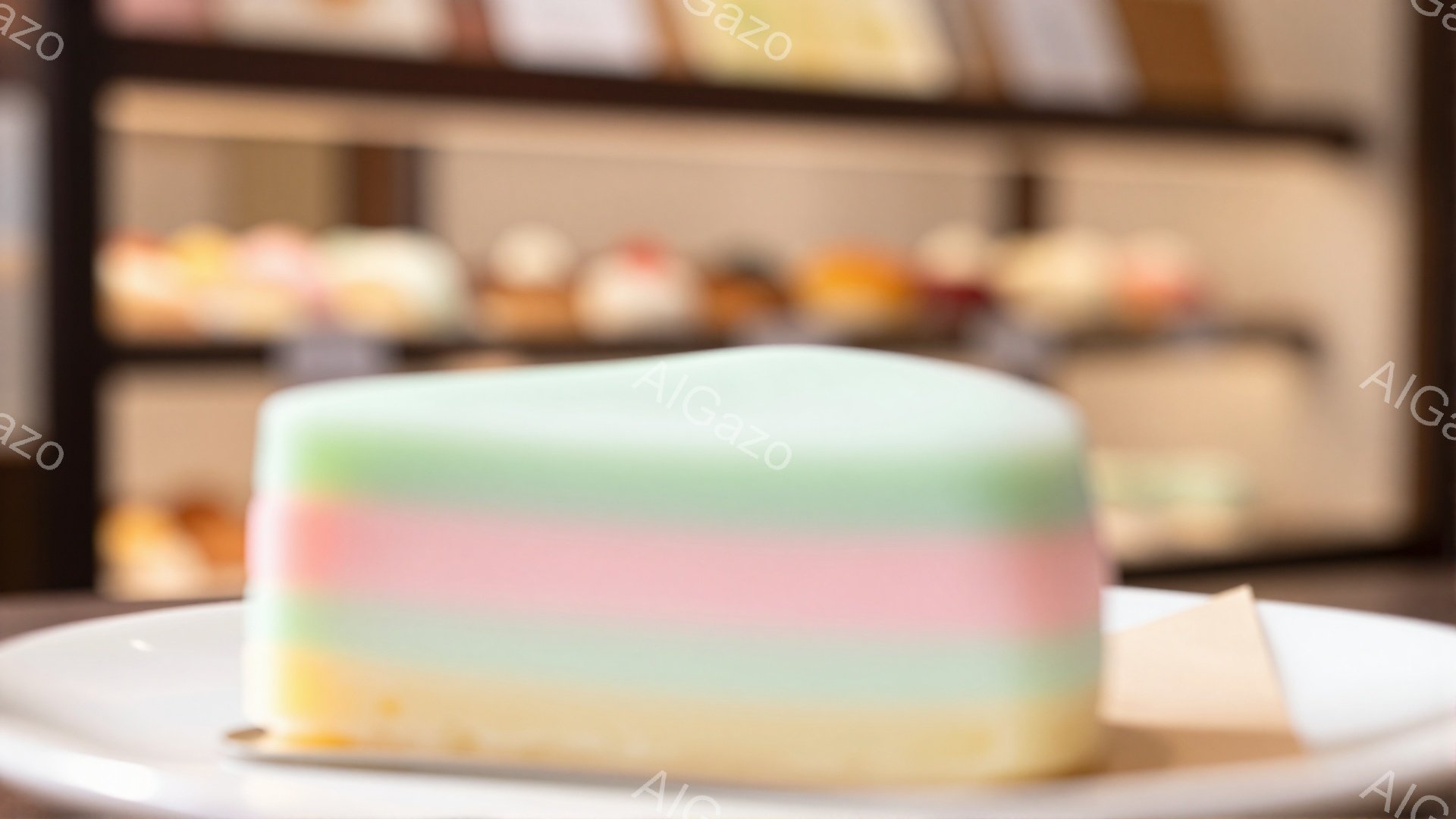 鮮やかな三層のケーキが白い皿に載せられています。層は、上から水色、ピンク、そしてクリーム色で、滑らかで繊細な質感が際立っています。背景はぼやけており、様々なケーキが並んだショーケースの一部が見えます。