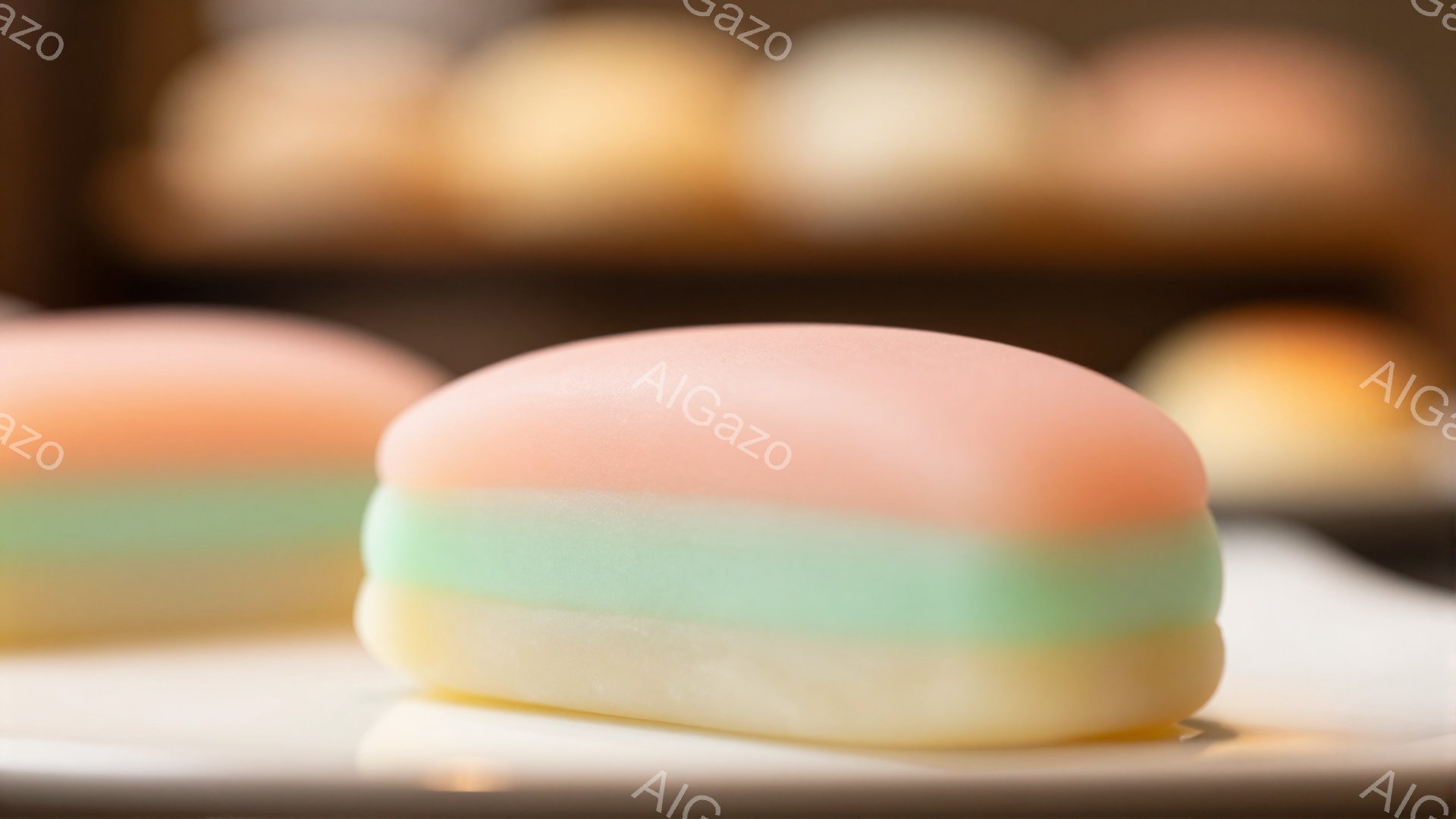 画像には、薄いピンク、水色、クリーム色の層が重なった和菓子が写っています。 滑らかな表面は光沢があり、まるで宝石のように上品に見えます。 背景はぼやけていますが、他の和菓子がいくつか見え、和菓子店の中であると推測できます。