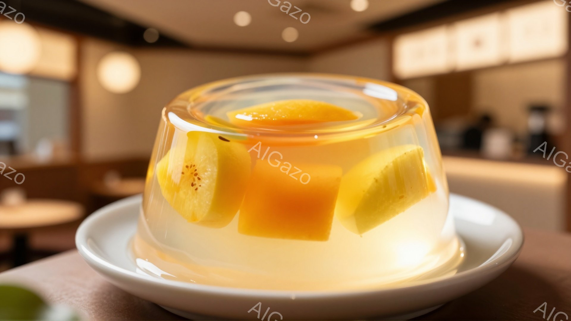 透明なゼリーの中に、黄色いマンゴーの角切りが入ったデザートが白い皿に乗せられています。背景には、ぼやけたカフェのような空間が広がり、暖かい照明がゼリーを照らしています。全体的に爽やかで上品な印象を与え - AI生成フリー素材