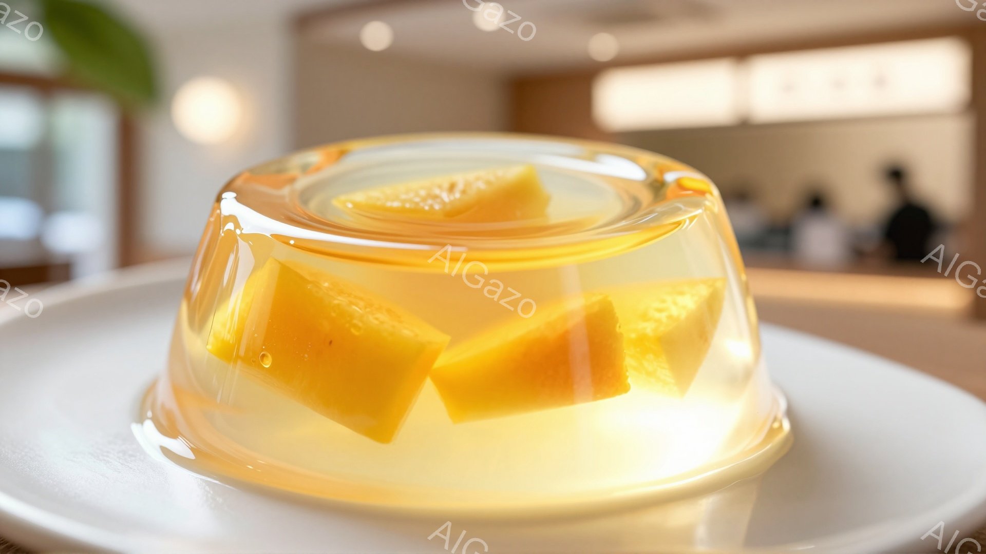 透明なゼリーの中に、角切りにした黄色い果物（おそらくマンゴー）が散りばめられたデザートが白い皿に乗せられています。背景はぼかされており、明るい自然光が差し込み、カフェやレストランのような空間であること - AI生成フリー素材