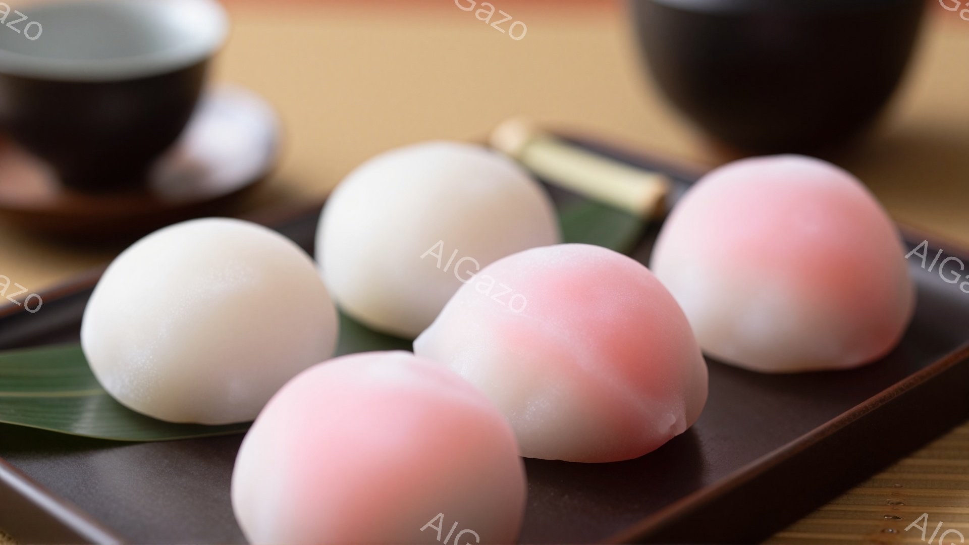 浅い黒色の膳の上に、白とピンク色の水まんじゅうが並べられています。緑色の葉が添えられ、その奥には黒色の湯呑みがぼんやりと見えます。全体的に落ち着いた色調で、上品で繊細な雰囲気が漂っています。