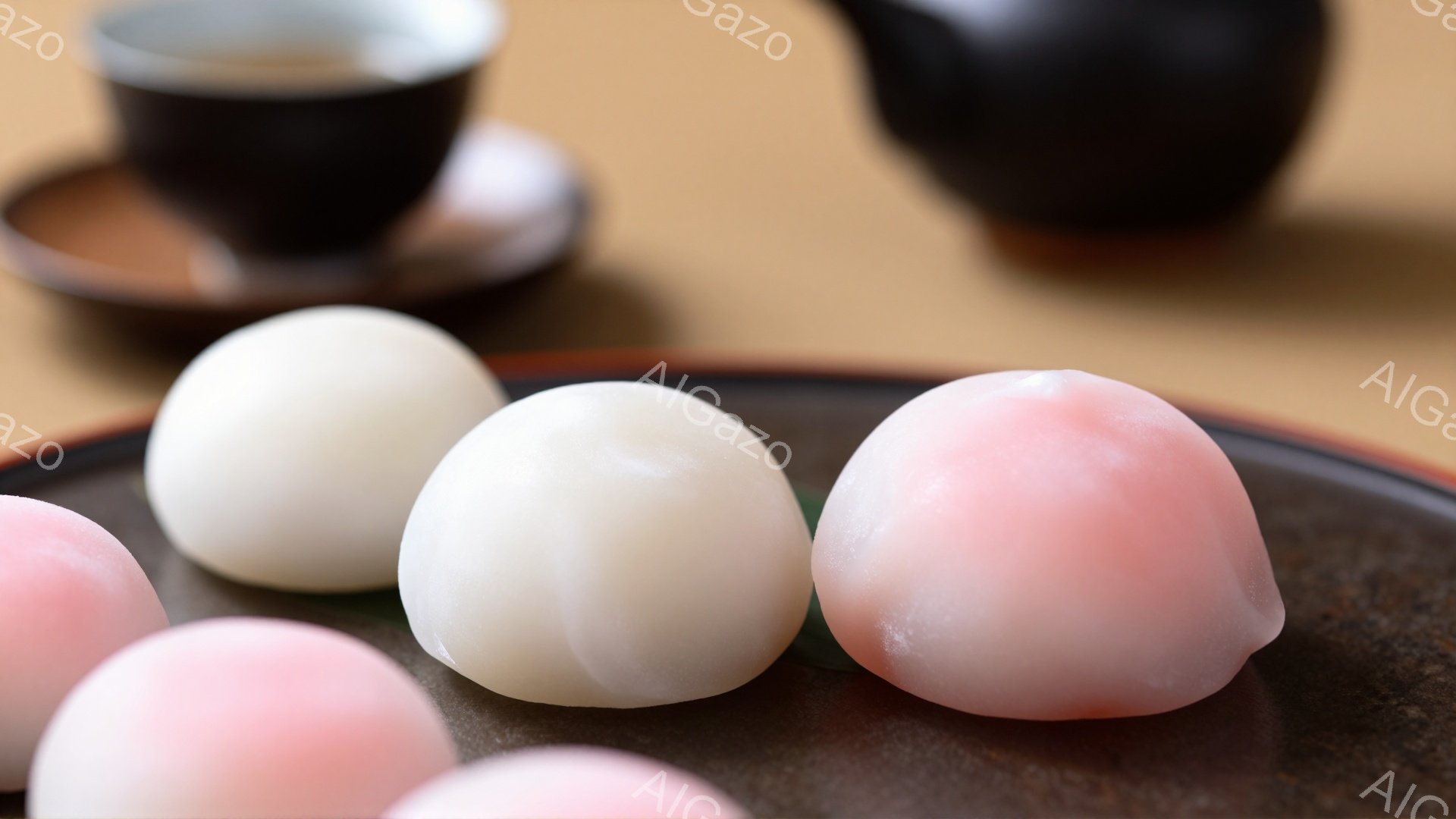 抹茶色と黒色の背景の上に、白とピンクの団子（だんご）が置かれています。団子は丸みを帯びており、柔らかい質感を示しています。奥には黒い湯呑（ゆのどん）と急須（きゅうす）がぼやけて見え、和の雰囲気（わのふんいき）を醸し出しています。