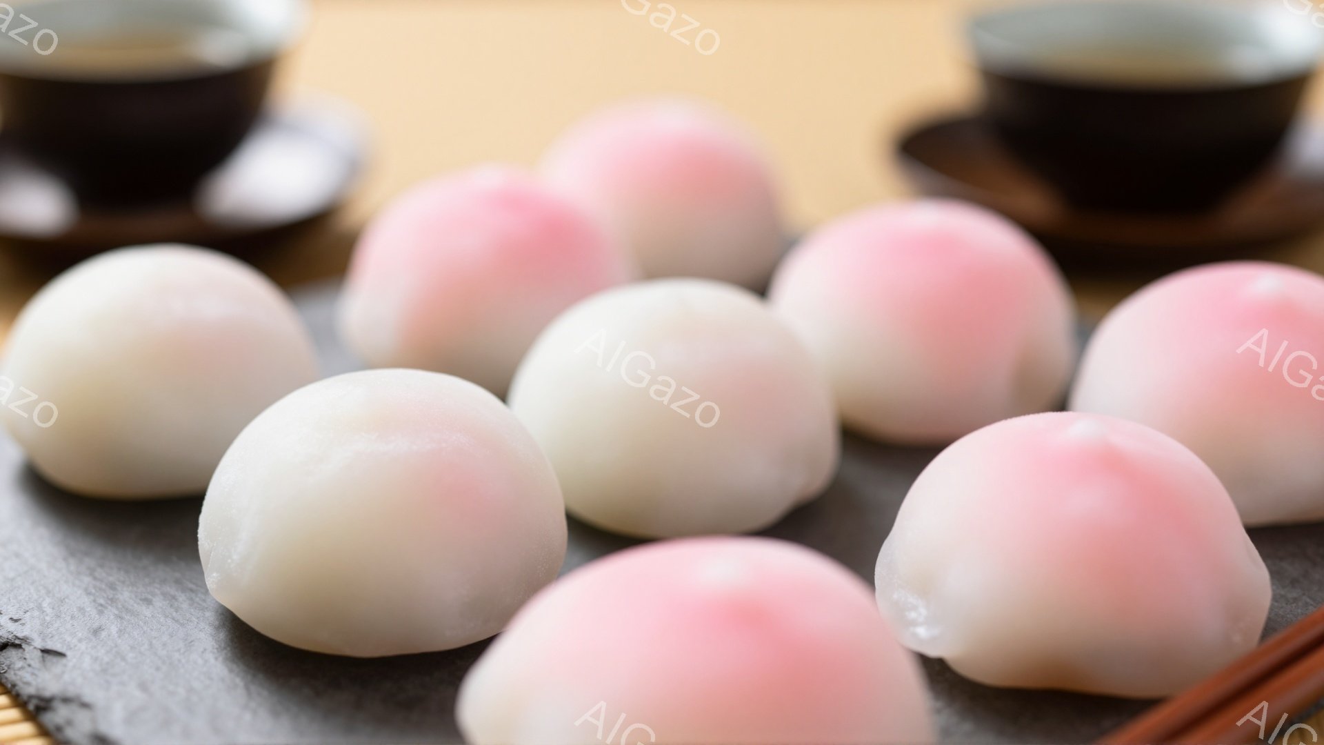 灰色がかったスレート板の上に、ピンクと白の可愛らしい団子たちが並べられています。背景には竹製の敷物がわずかに見え、奥には濃い緑色の茶碗が置かれています。全体的に淡い色合いで、和やかな、落ち着いた雰囲気が漂っています。