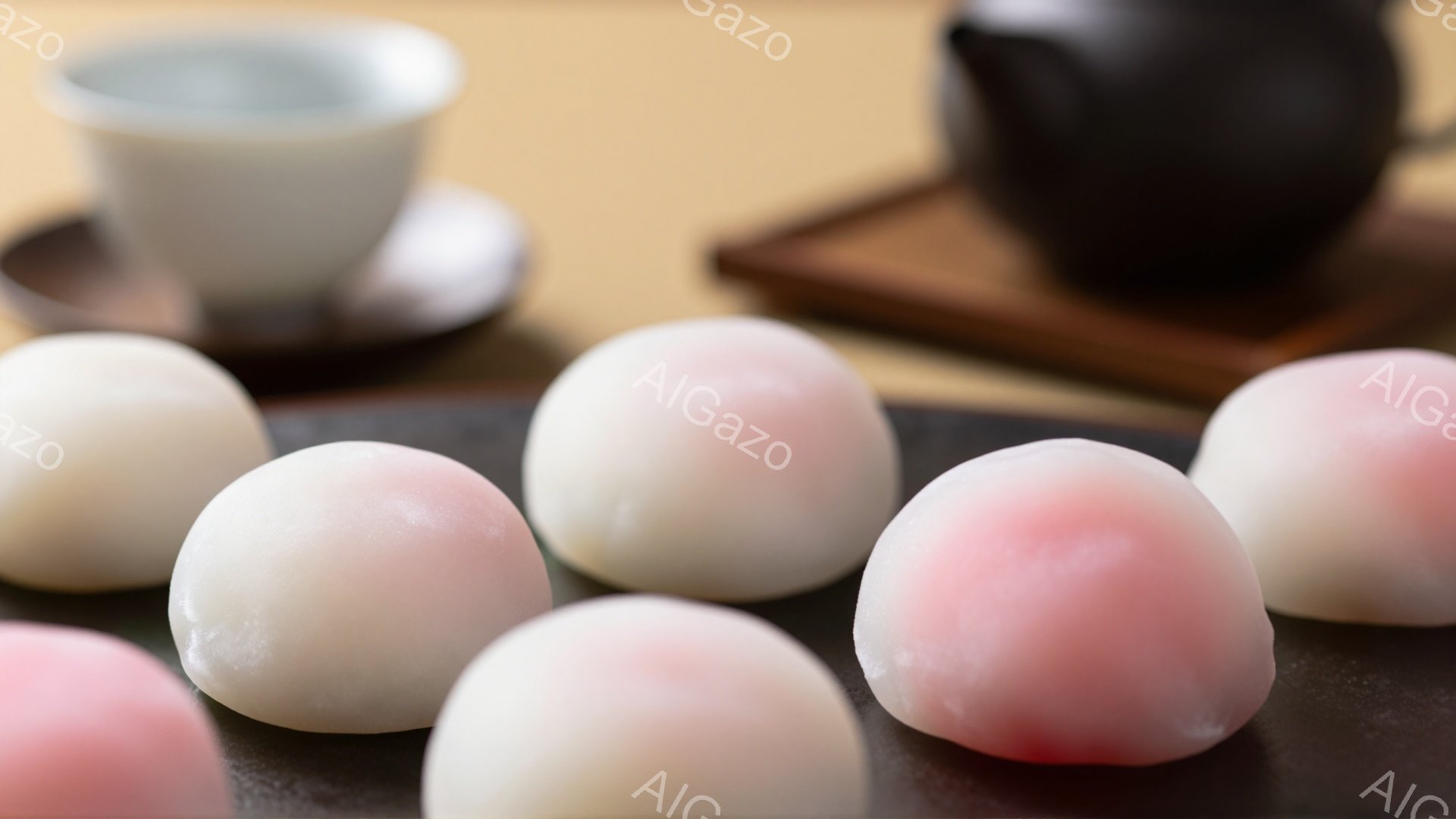 白とピンク色の水まんじゅうが黒いプレートの上に並べられています。背景には、茶色の木製プレート、湯呑み、そして黒い急須がぼんやりと見え、和風の静かな雰囲気を醸し出しています。全体的に柔らかい光が差し込み、繊細で上品な印象を与えています。