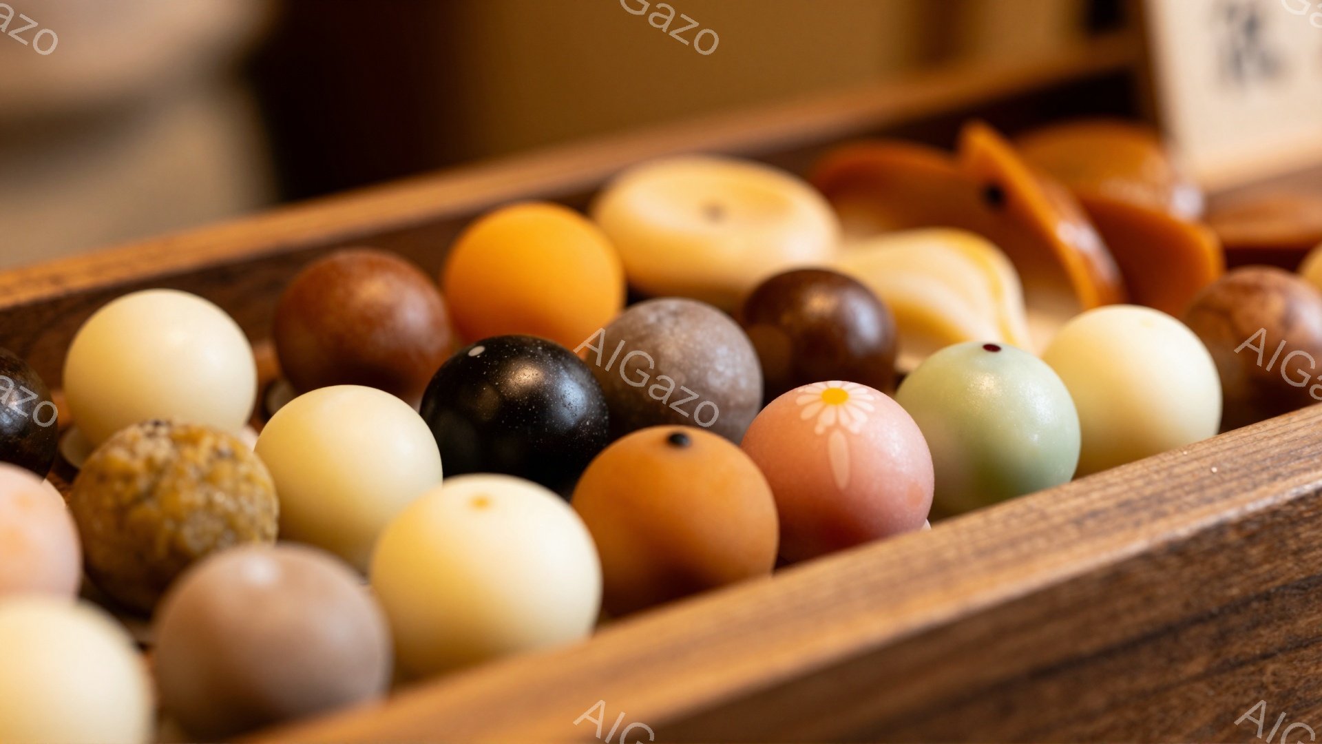 陶器のような丸い和菓子が、木製の盆に並べられています。色は白、茶色、緑、オレンジなど様々で、一部には可愛らしい花模様が描かれています。盆の背景はぼやけていますが、和菓子が上品で繊細な雰囲気を醸し出しています。