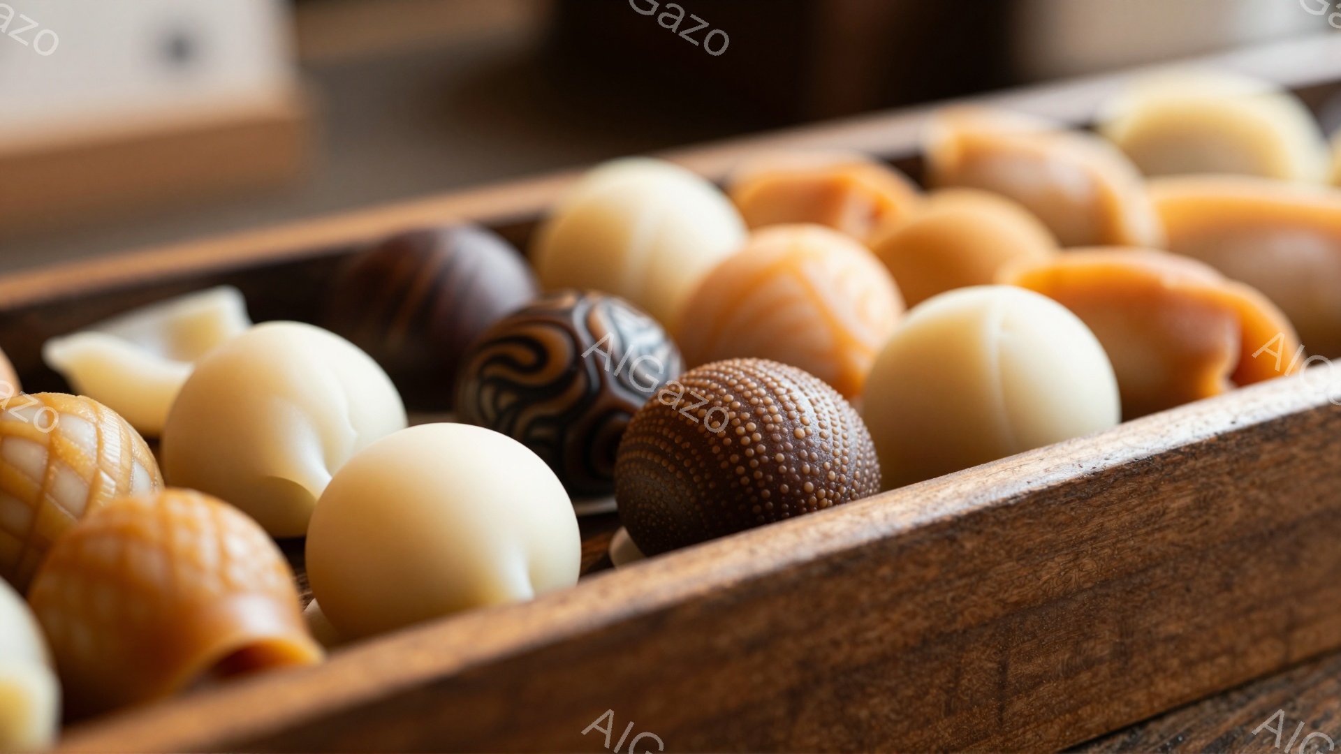 チョコレートが木製の箱の中に並べられています。さまざまな色とテクスチャのチョコレートがあり、白、茶色、オレンジなどの色が混ざり合って、視覚的に楽しめます。背景はぼやけており、チョコレートに焦点が当てられています。