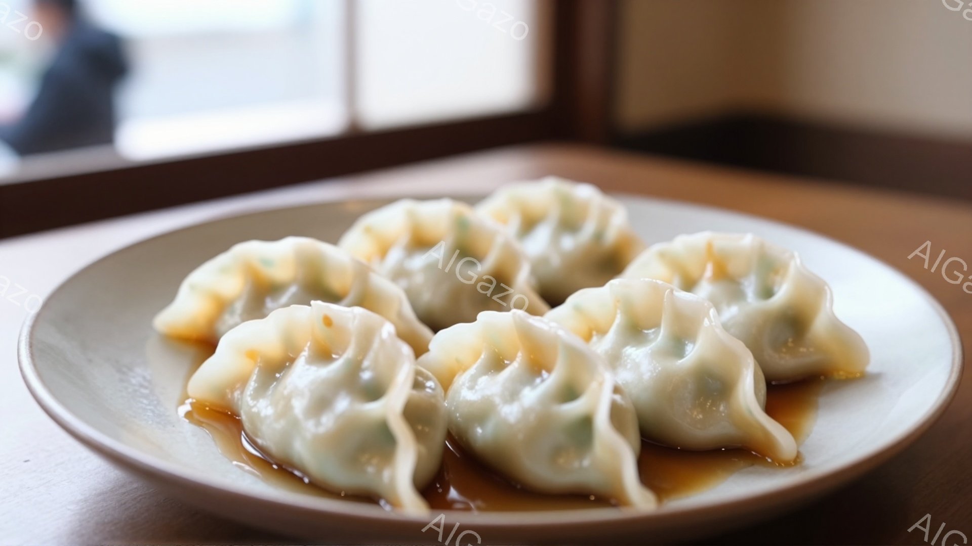 灰色の皿の上に、湯気が立ち上るような熱々の餃子が並べられています。餃子の皮は白っぽく、青みがかった部分があり、美しく折りたたまれています。背景にはぼやけた窓が見え、暖かく落ち着いた家庭的な雰囲気を醸し - AI生成フリー素材