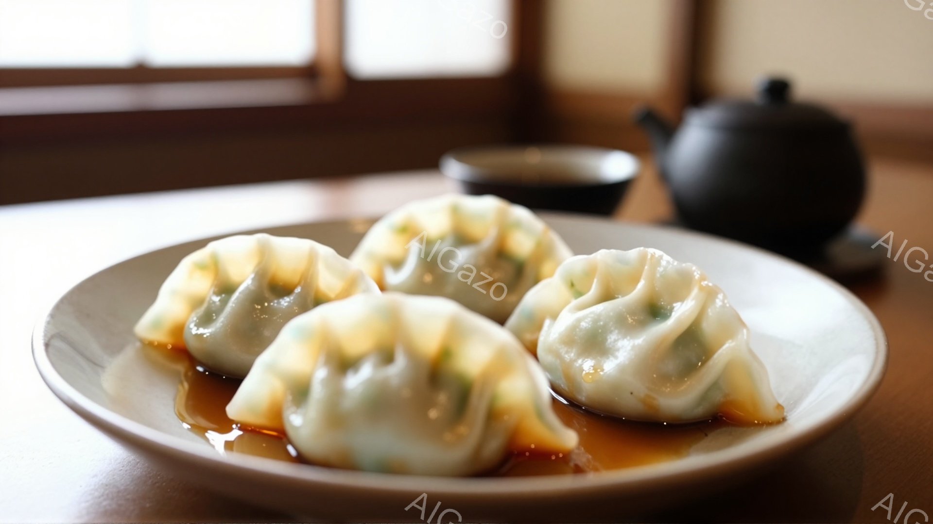 陶器の皿に湯葉色の照り焼きソースをまとった４つの餃子が並べられています。背景には黒い急須と小さな醤油入れが見え、木製のテーブルが暖かく落ち着いた雰囲気を醸し出しています。全体的に、シンプルで上品な料理の盛り付けであり、食欲をそそる構図です。