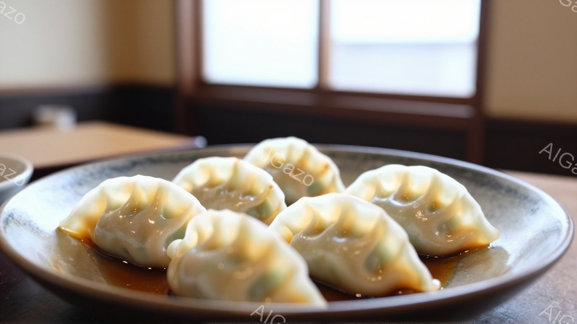 灰色の皿に並んだ、湯気と照りが見える焼き餃子が写っている。餃子は白く、緑色のネギがアクセントになっており、甘辛いタレがかかっている。背景には木製のテーブルとぼやけた窓が見え、家庭的な温かい雰囲気が漂っている。