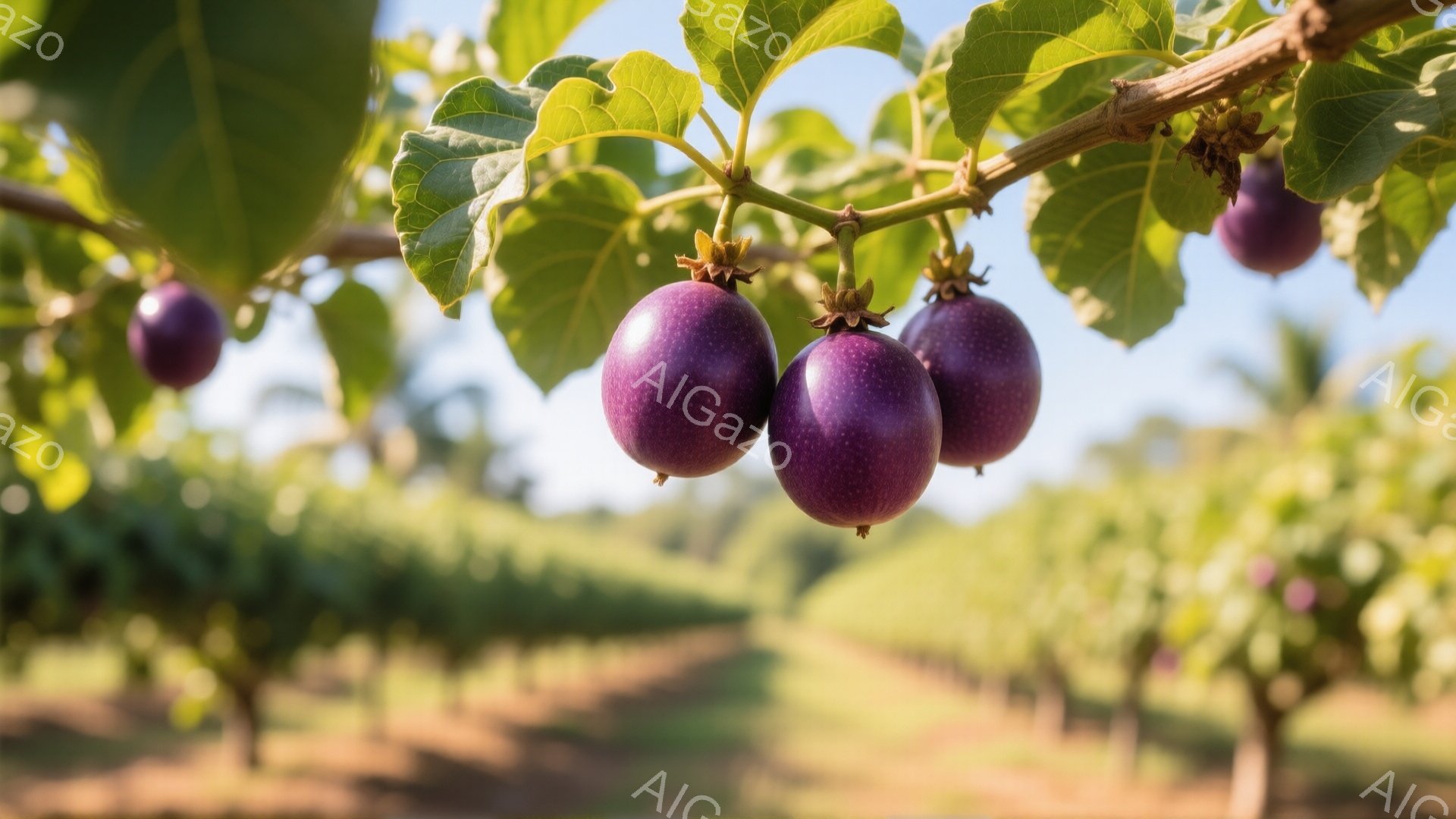 濃い紫色のパッションフルーツが、緑の葉に囲まれて枝にぶら下がっている。背景はぼやけた農園で、他の植物や遠くの木々が見え、晴れた日の穏やかな雰囲気を感じさせる。光沢のあるフルーツと鮮やかな葉の色が、自然の美しさを際立たせている。