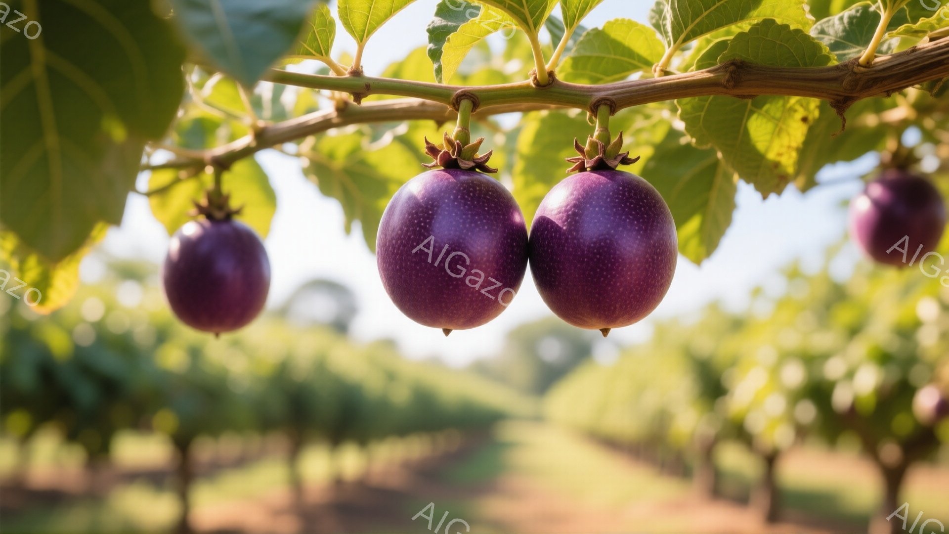 濃い紫色のパッションフルーツが、緑の葉に囲まれてつるからぶら下がっている様子が写っている。背景には、ぼやけた緑の植物と遠くの風景が広がり、穏やかで自然な雰囲気を醸し出している。鮮やかな色彩と光の加減が - AI生成フリー素材