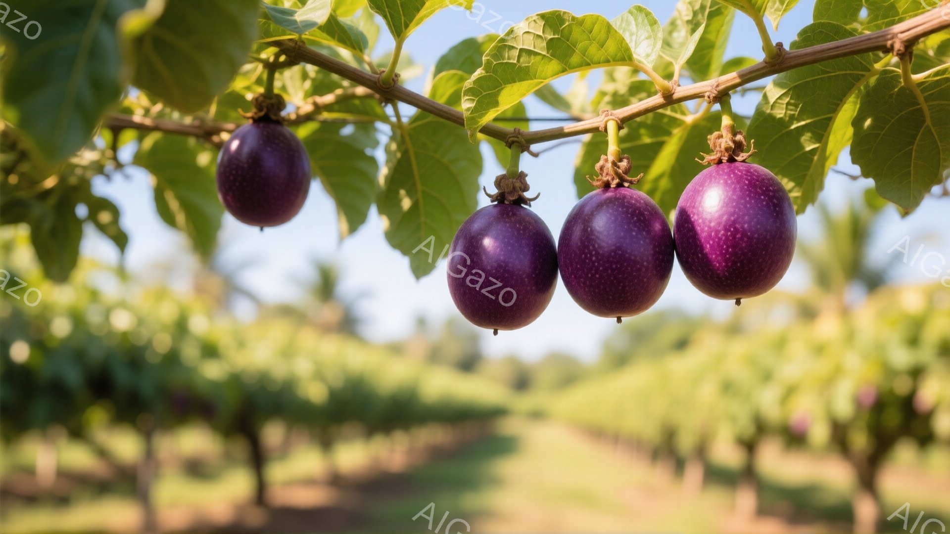 紫色のパッションフルーツが蔓につるして、緑の葉に囲まれています。背景には、ぼやけた緑色の植物が並び、明るい日差しが差し込んでいます。全体的に、自然豊かで穏やかな雰囲気が漂っています。 - AI生成フリー素材
