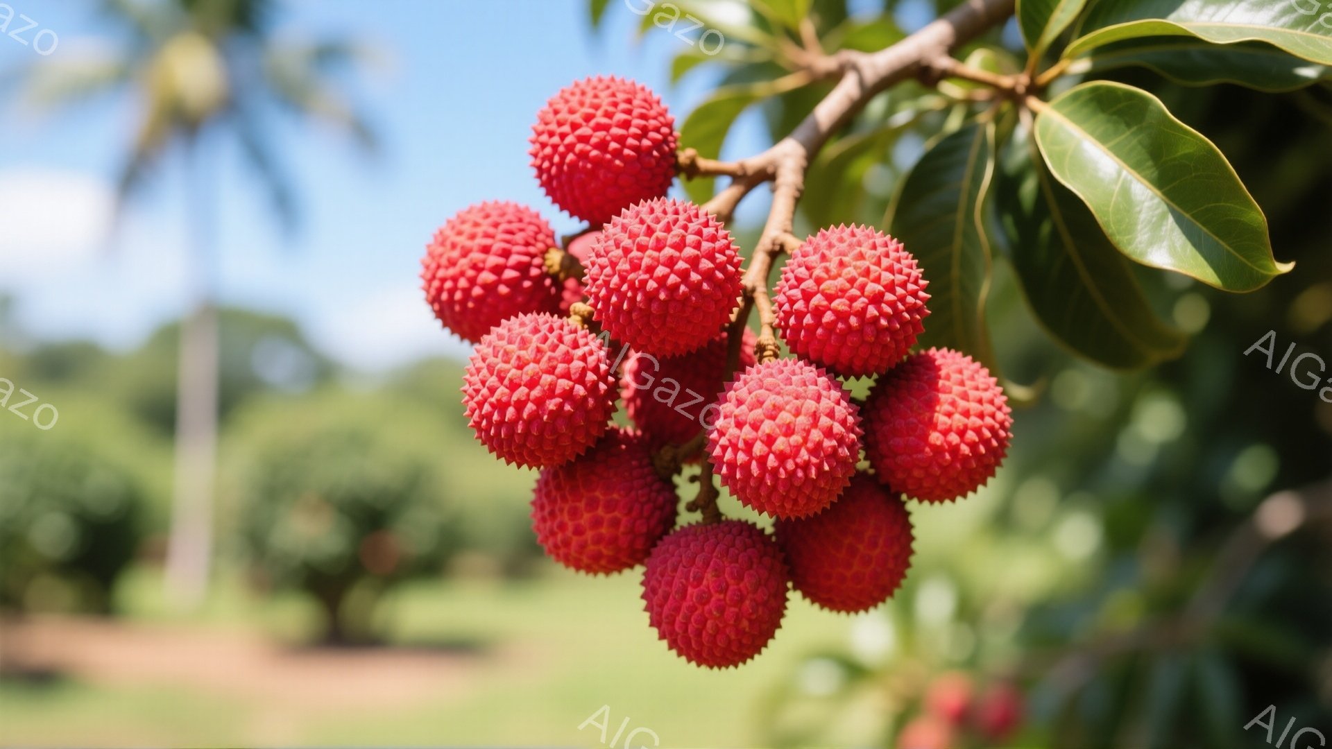 鮮やかな赤いライチの実が、緑の葉に囲まれて枝に密集してぶら下がっています。背景にはぼやけた緑の芝生と、遠くには木々が見え、晴天の下、穏やかで熱帯の雰囲気が漂います。ライチは熟れていて、その独特の赤い外観が食欲をそそります。