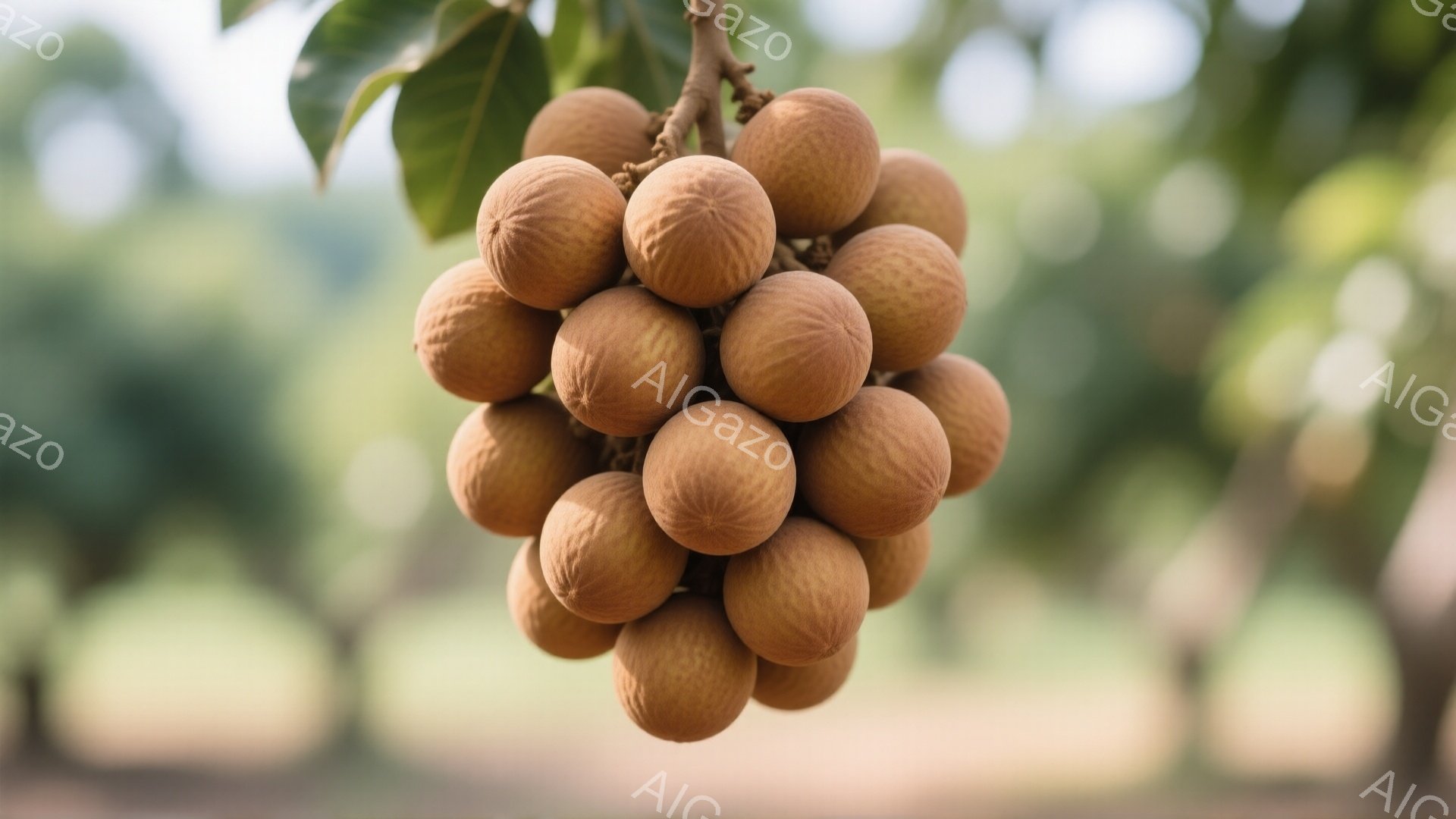 密集したリュウガンが枝に実っている様子が写っている。鮮やかな茶色い果実は丸みを帯びており、密集してぶら下がっている様子から、豊穣な実りの秋を感じさせる。背景は緑豊かな木々とぼんやりとした自然の風景で、穏やかで暖かな雰囲気を醸し出している。