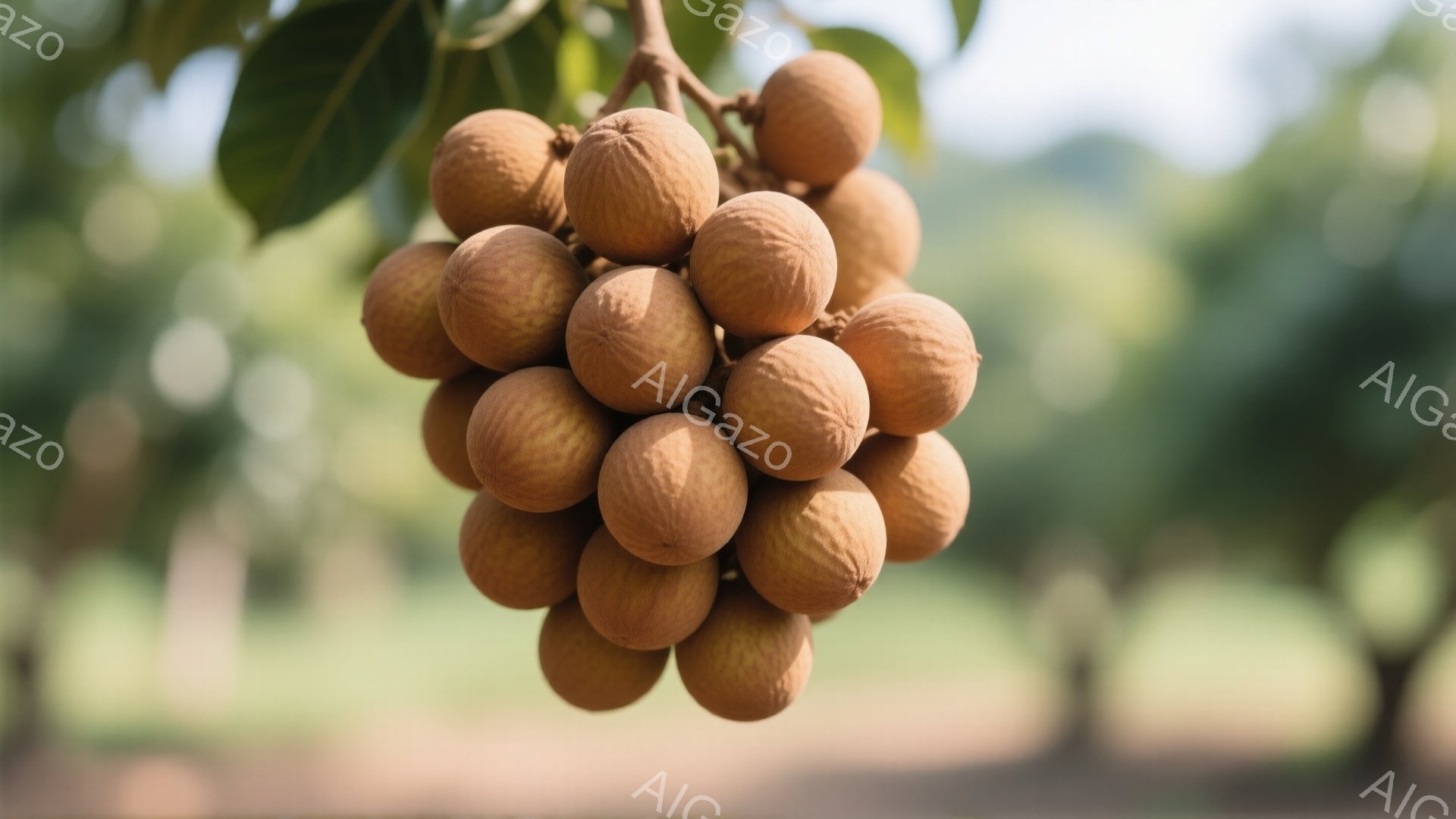 鮮やかな緑の葉に、丸い茶色いロンガンが密集してぶら下がっている様子が捉えられています。背景はぼやけた緑色で、自然の中で撮影されたことがわかります。全体的に、暖かく穏やかな雰囲気で、実りの秋を感じさせます。