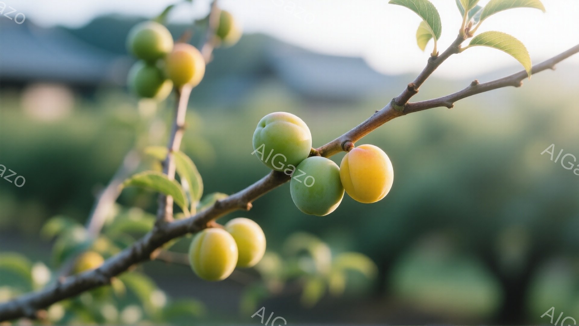 鮮やかな緑色の葉と、熟し始めたばかりの黄色から緑色の梅の実が枝に実っている様子が捉えられています。背景はぼやけた緑色で、梅園や果樹園のような場所で、穏やかな日差しが差し込んでいます。全体的に、自然の恵みと静けさを感じさせる、のどかな雰囲気です。
