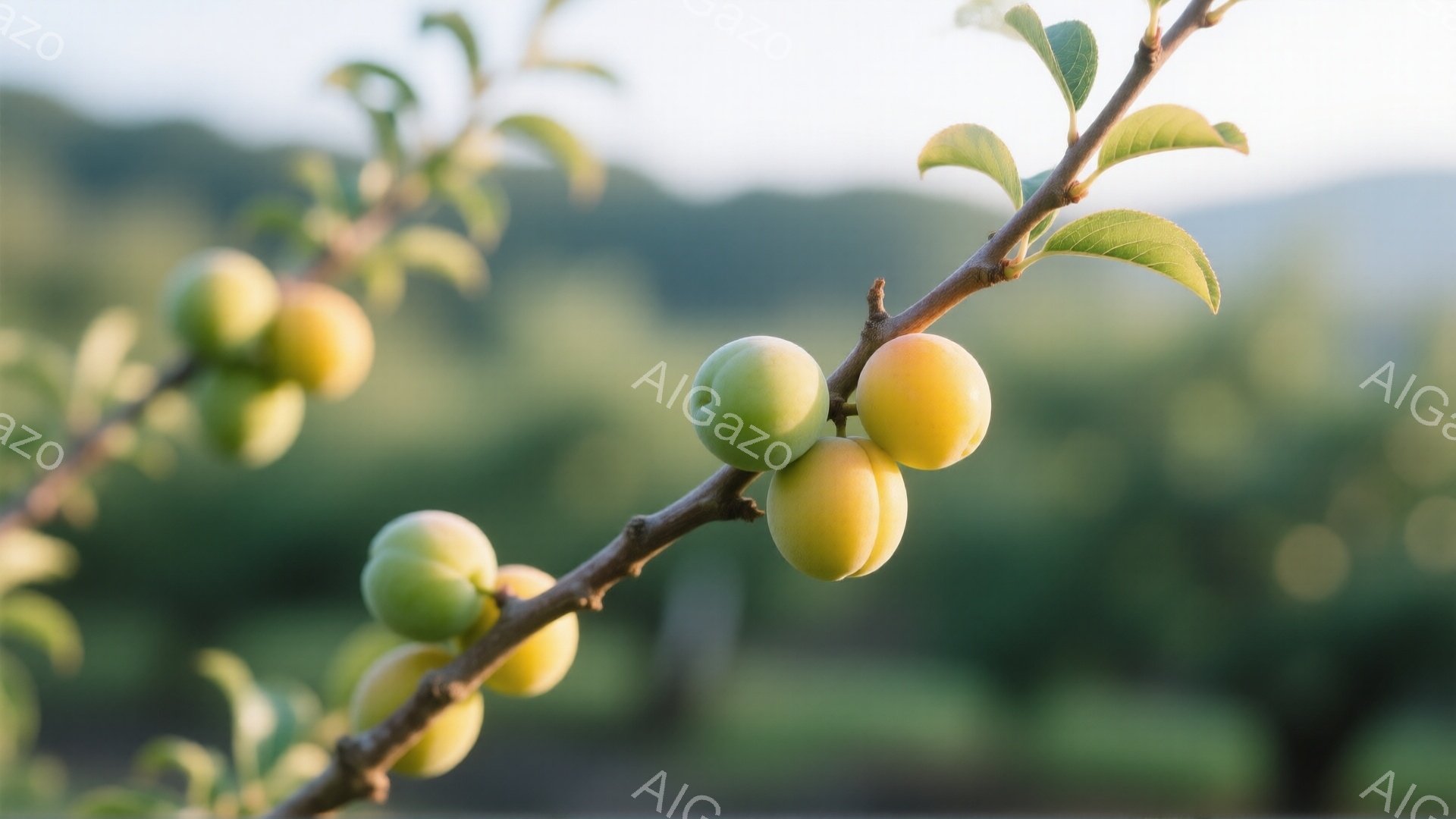 枝に沿って未熟な梅の実が連なっている様子が捉えられている。実の色は緑から黄色へと変化し、瑞々しい様子が伺える。背景はぼやけた緑色で、春の穏やかな日差しが感じられる、温かく優しい雰囲気の写真である。
