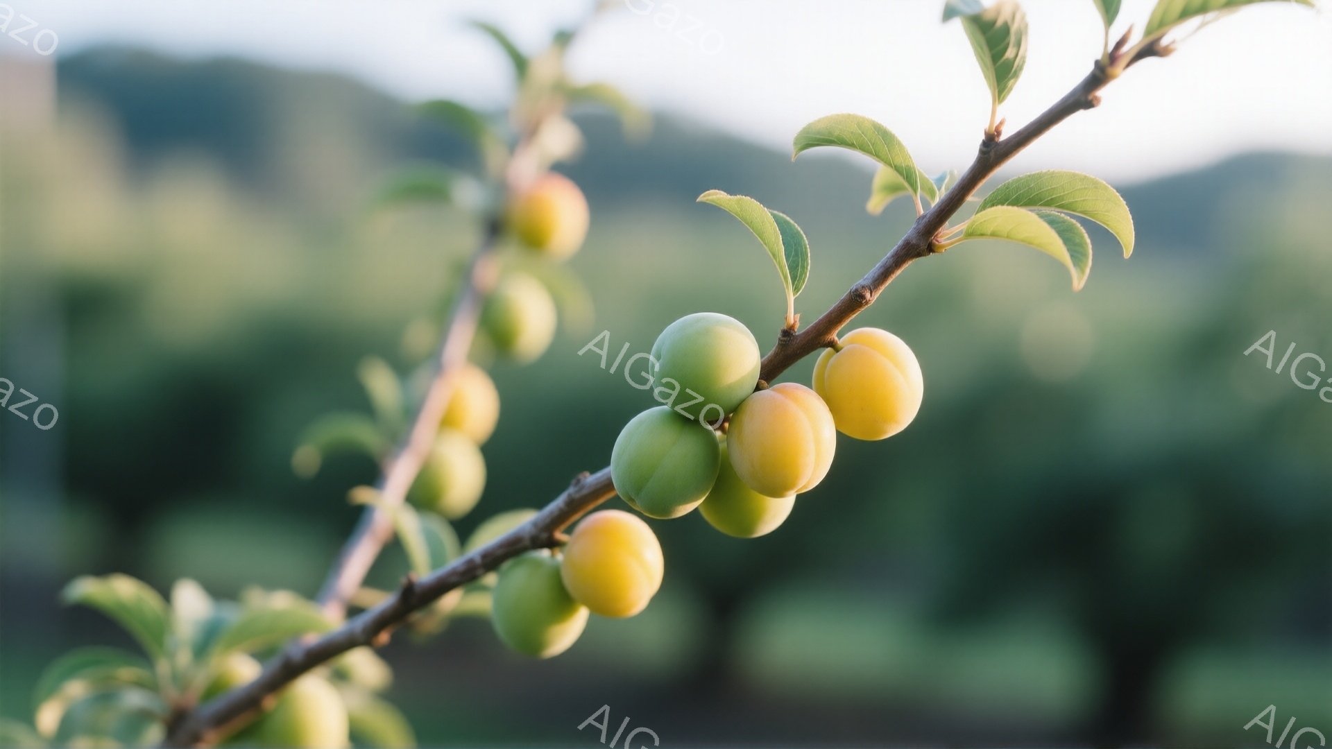 枝に実った、緑と黄色の梅の実が焦点となっています。背景はぼやけた緑色の風景で、穏やかで和やかな雰囲気を醸し出しています。梅の実の瑞々しさと、柔らかい光が自然の美しさを引き立てています。