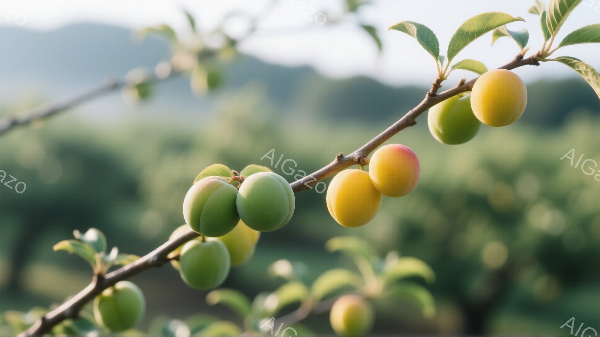 枝に黄色や赤みがかった緑色の梅の実が密集してぶら下がっている様子が捉えられています。背景はぼやけた緑色の木々で、穏やかで自然な雰囲気です。梅の実の瑞々しさと、これから熟していく過程が感じられます。