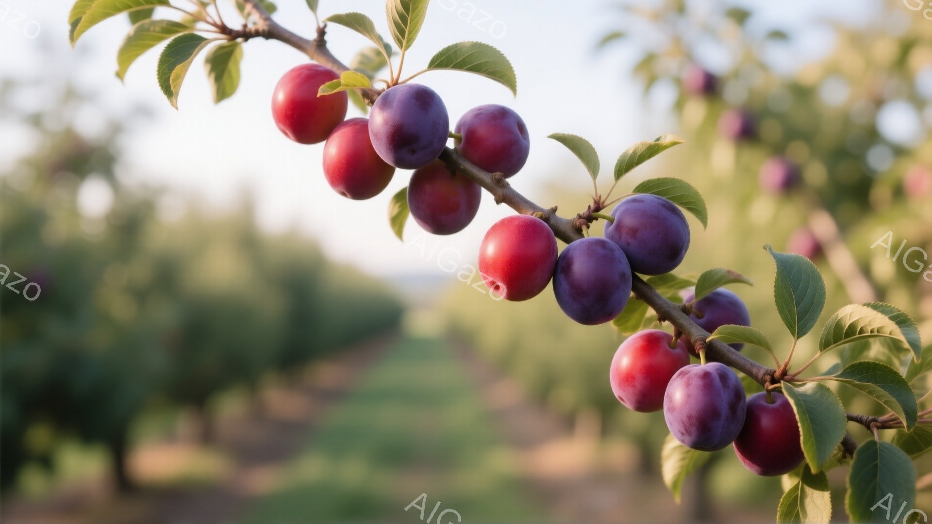 枝には熟したプラムの実が密集しており、赤紫色から濃い紫色へとグラデーションを描いています。背景は緑豊かな果樹園で、ぼやけた遠景には他の木々が見え、穏やかな日差しが差し込んでいます。全体的に、豊穣な実りと静けさを感じさせる、自然の恵みが満ち溢れた雰囲気です。