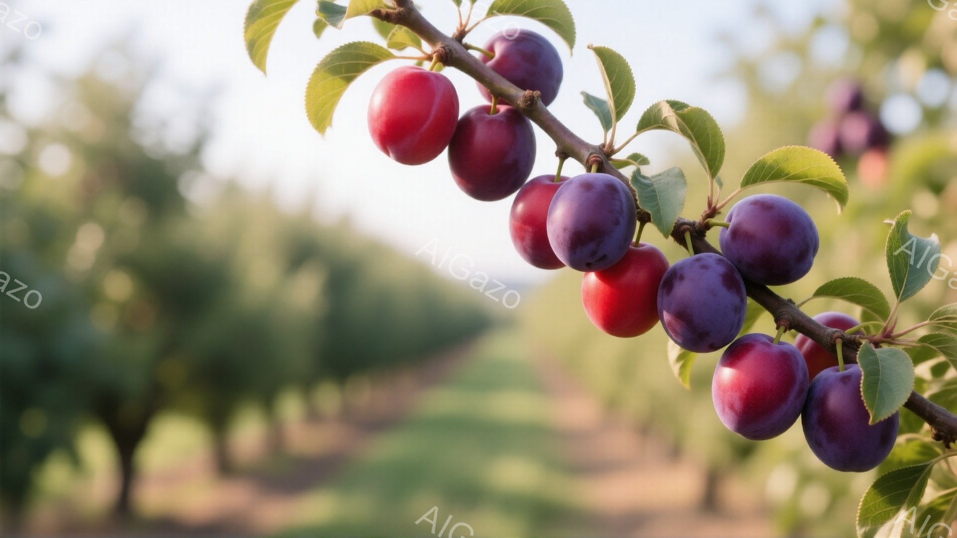 濃い紫色のプラムが枝に密集して実っており、葉とのコントラストが美しい。背景には整然と並んだプラムの木々が広がり、畑の風景がぼやけて見える。全体的に穏やかで、夏の太陽の下で実ったプラムの豊潤さを感じさせる写真である。