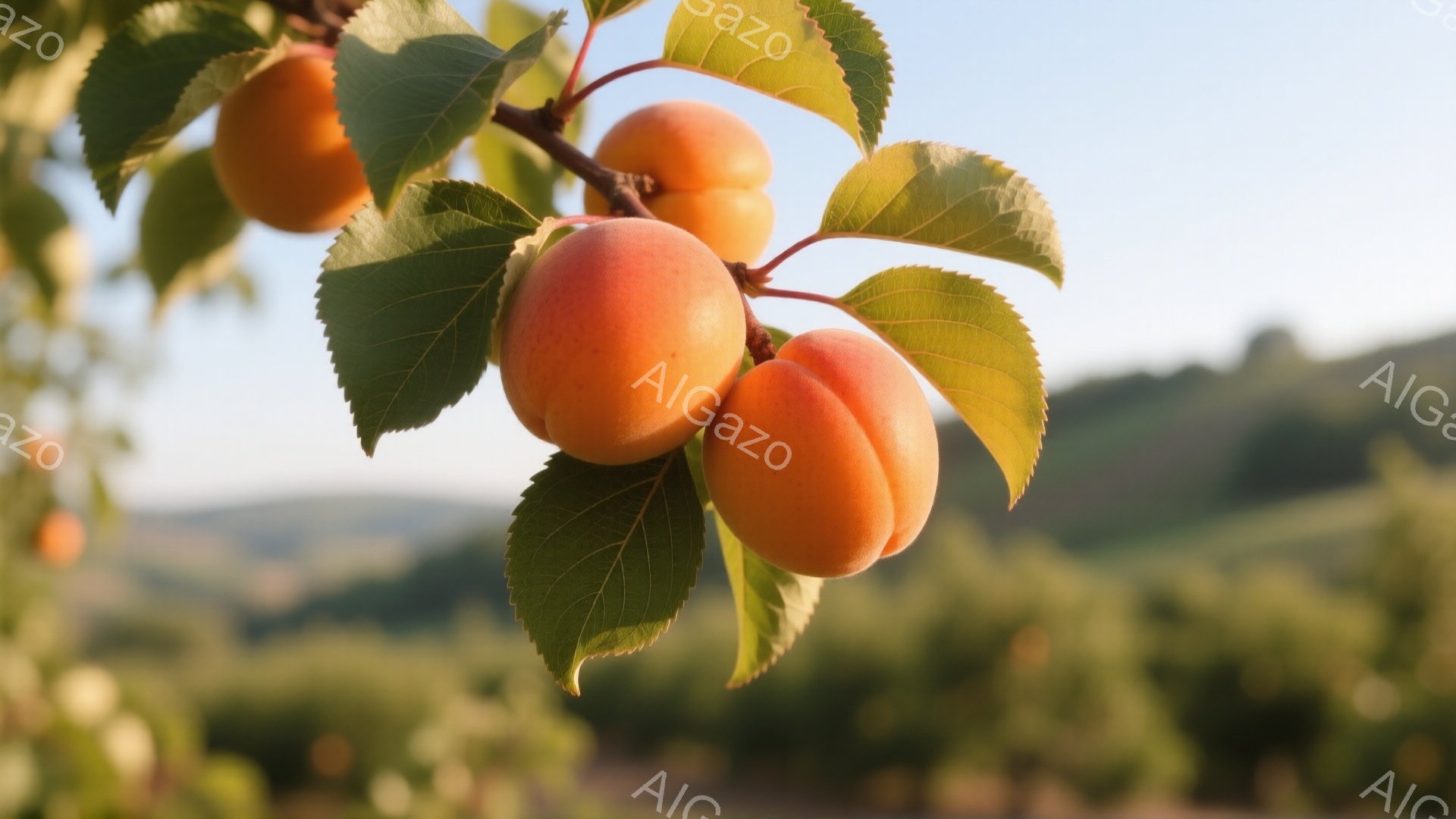 鮮やかなオレンジ色の桃が、緑の葉に囲まれて枝に実っています。背景には穏やかな丘陵地帯が広がり、柔らかい光が全体を包み込んでいます。全体的に、暖かく穏やかな夏の日の雰囲気が感じられます。 - AI生成フリー素材