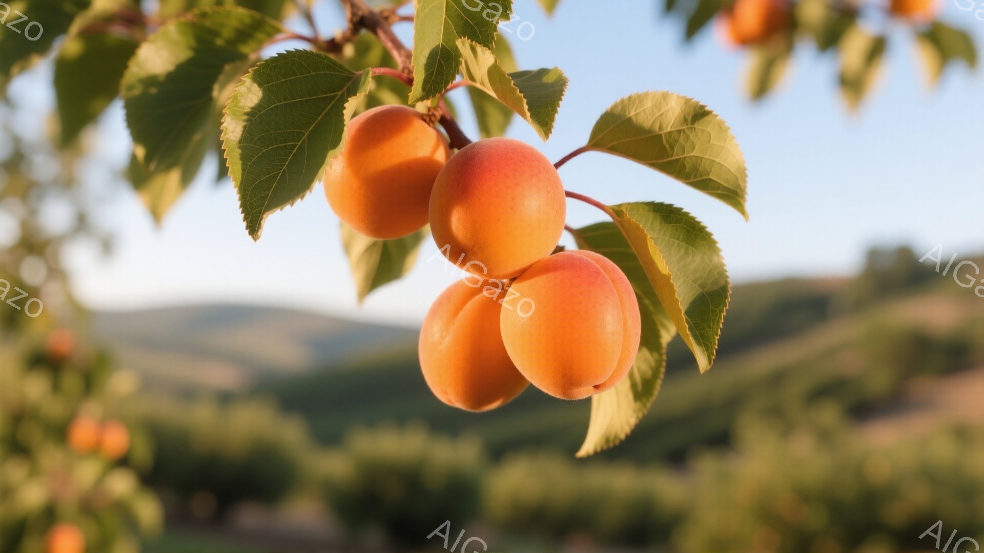 鮮やかなオレンジ色の桃が枝に実っています。葉は緑豊かで、桃とのコントラストが美しいです。背景には、穏やかな丘陵地帯が広がり、晴れた日の穏やかな雰囲気を醸し出しています。
