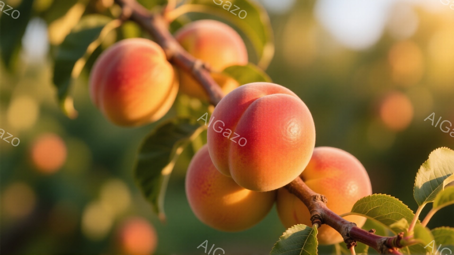 枝に実った、鮮やかなオレンジ色の桃が写っている。葉は緑豊かで、背景はぼかされており、まるで夏の日の暖かさを感じさせる。全体的に、自然の恵みと穏やかな雰囲気が漂う写真である。 - AI生成フリー素材
