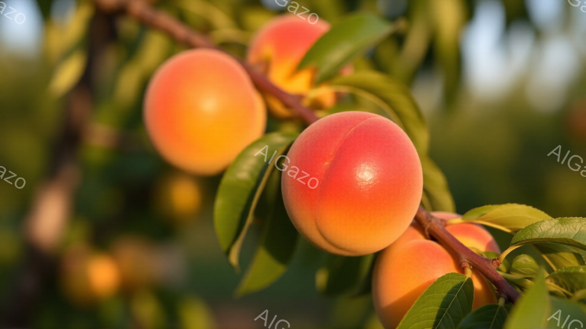 鮮やかなオレンジ色の桃が、緑の葉に囲まれて枝に実っています。桃の表面は滑らかで、太陽の光を浴びて輝いており、熟した甘みが感じられます。背景には他の桃や葉が見え、穏やかで自然な雰囲気が漂っています。